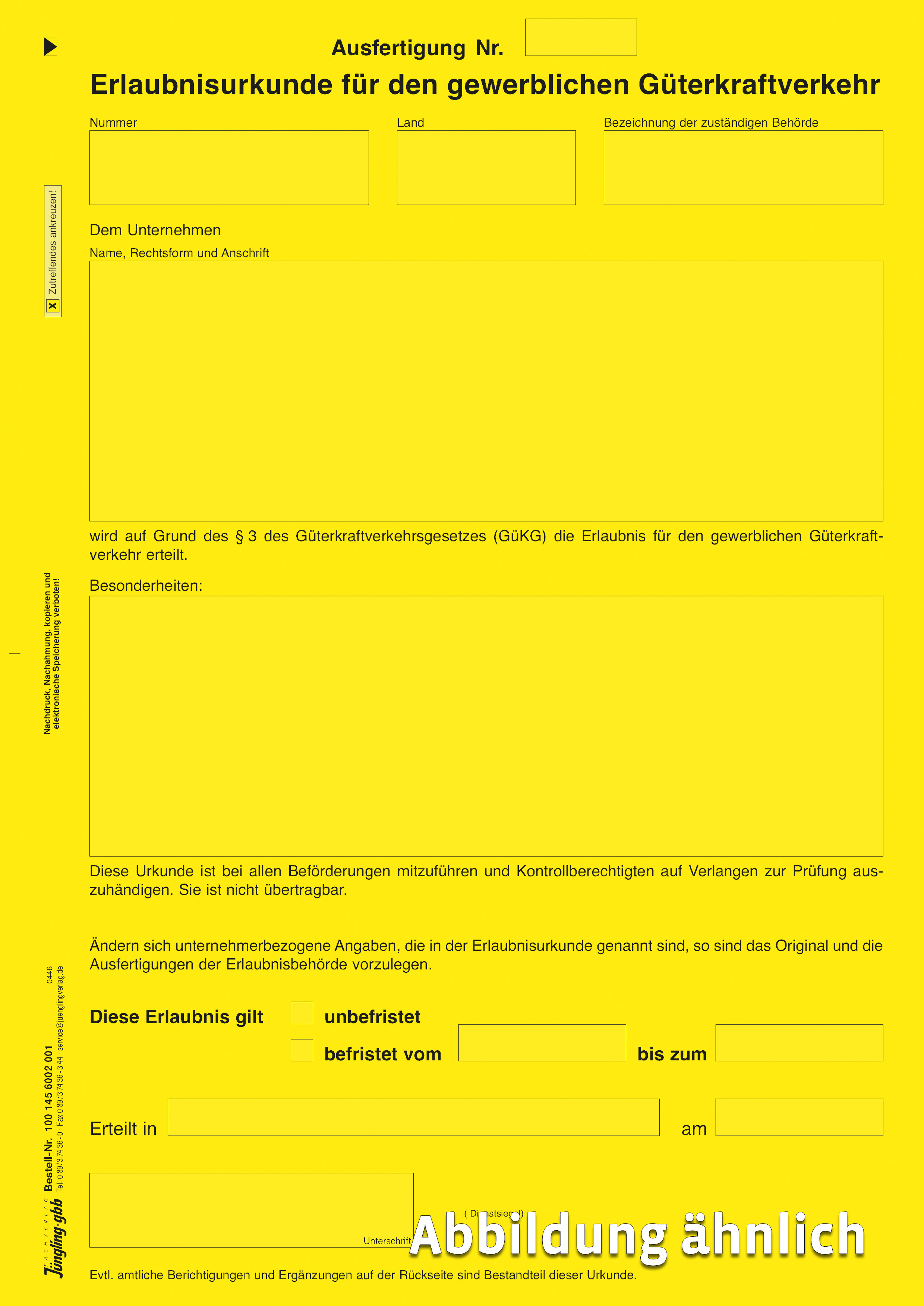 Ausfertigung Erlaubnisurkunde für den gewerblichen Güterkraftverkehr, A4, 1fach