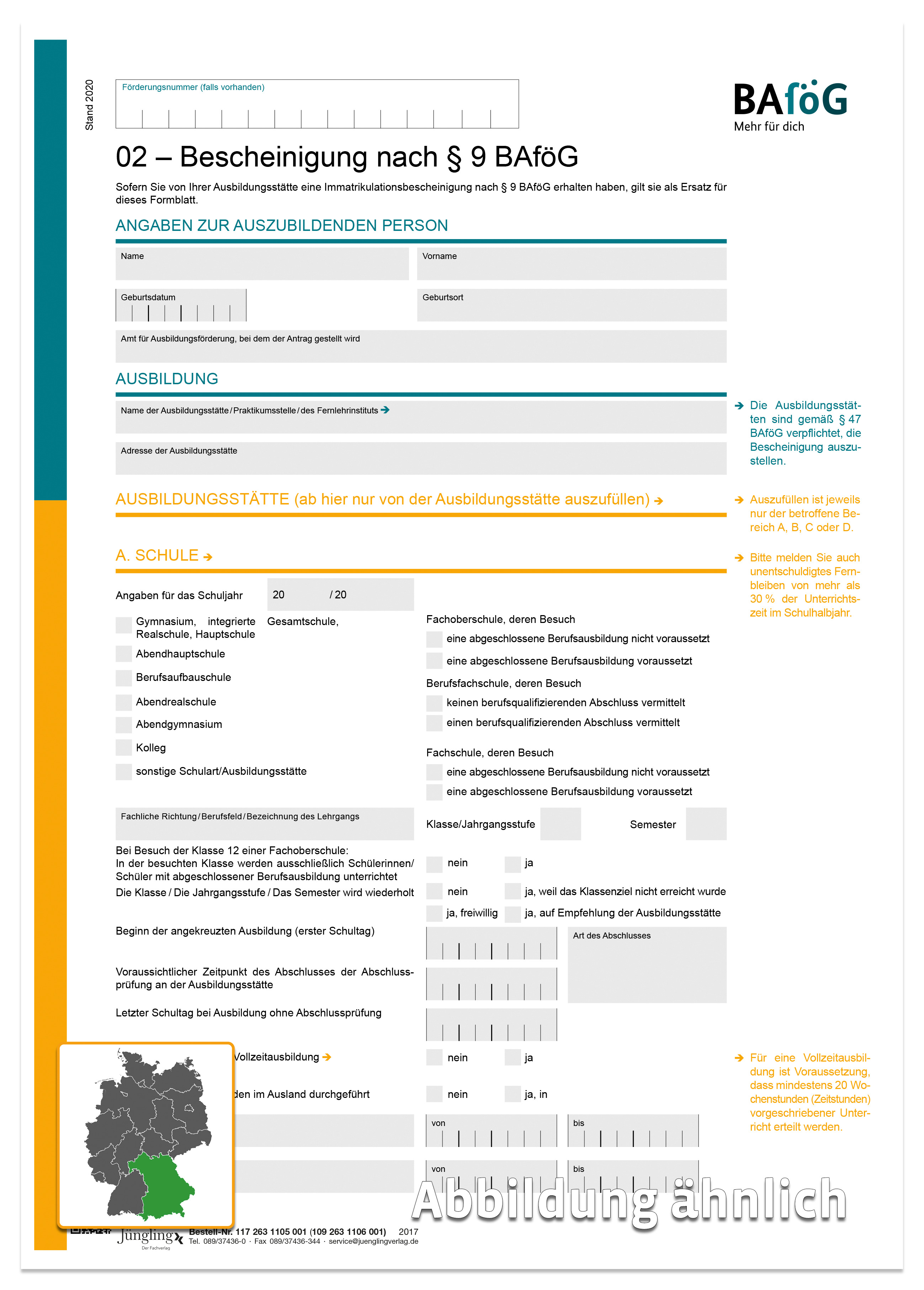 Formblatt 02 - Bescheinigung nach § 9 BAföG, 2-seitig