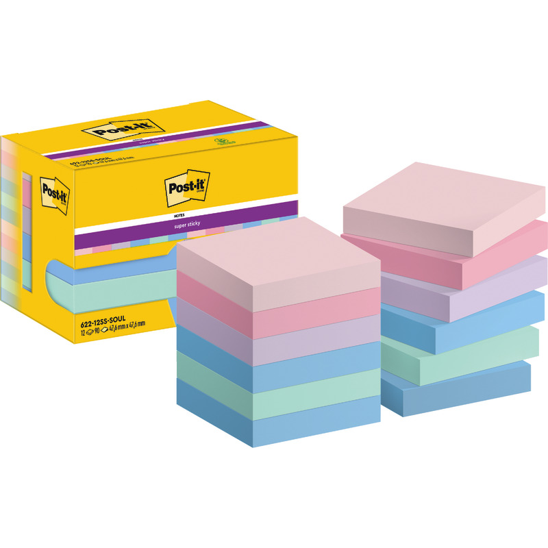 Post-it® Super Sticky Notes, 47.6 mm x 47.6 mm, 90 Blatt/Block, 12 Blöcke/Packung - Soulful bunt
