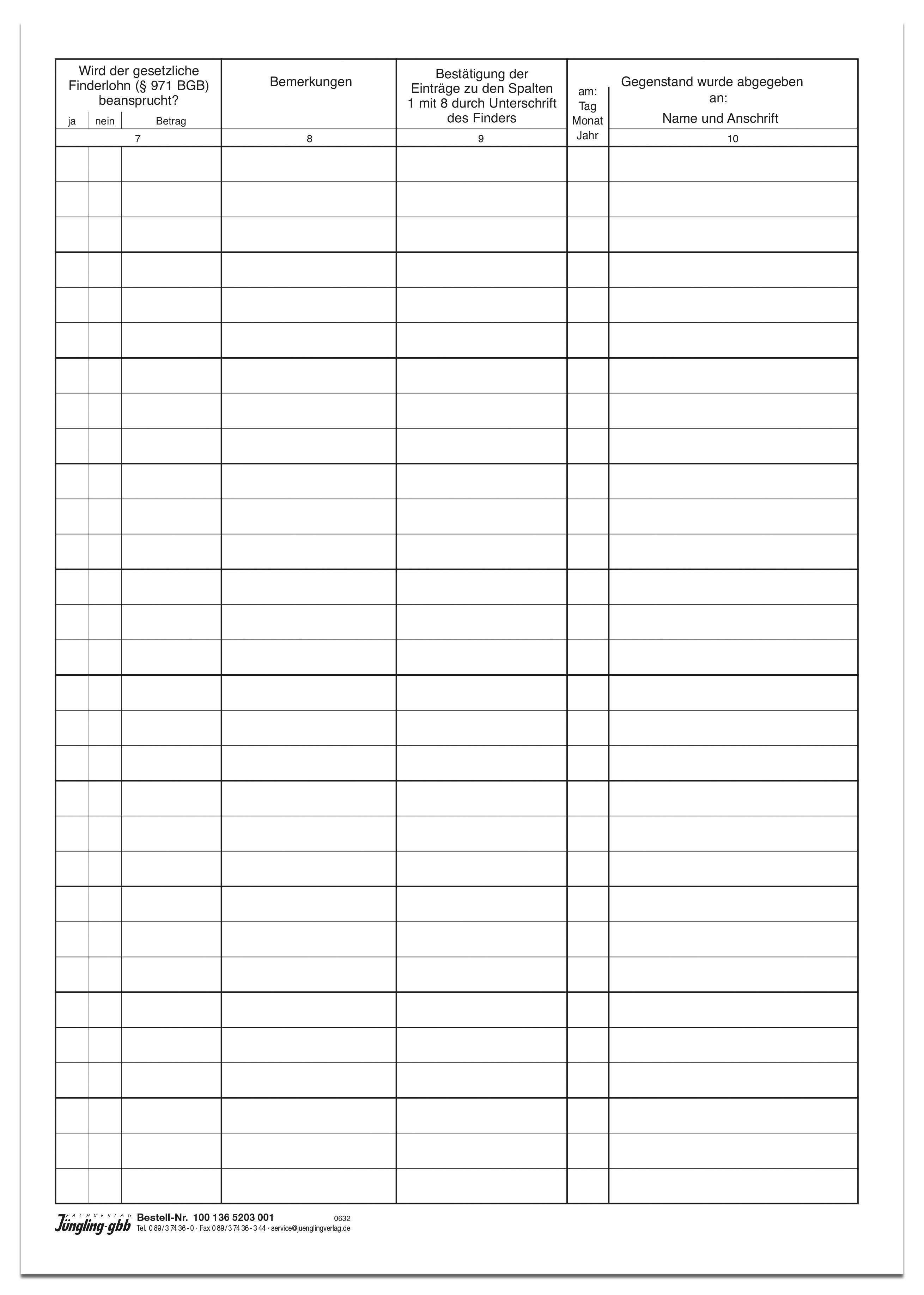 Fundbuch - Einlagebogen A4, 4-seitig