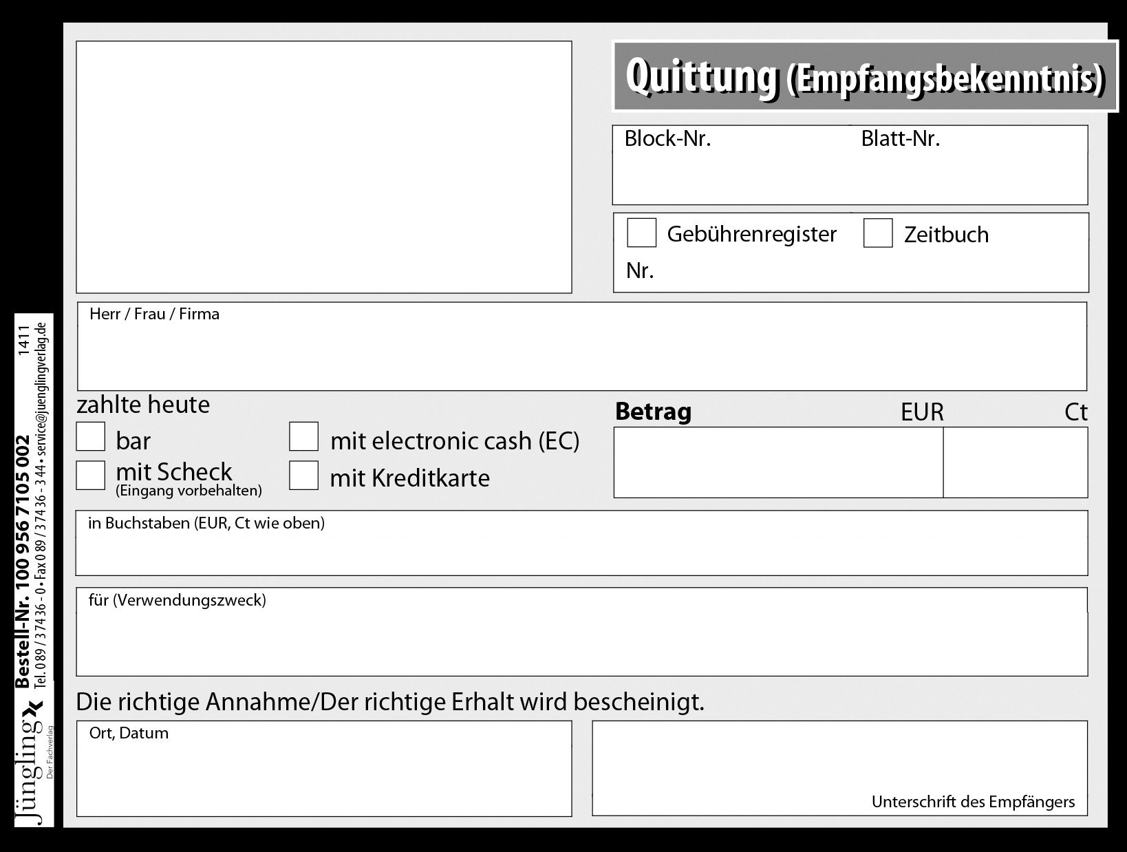 Quittung für eine Forderung mit Block-/ Blatt-Nr., Block, A6, 50 Satz, 2-fach