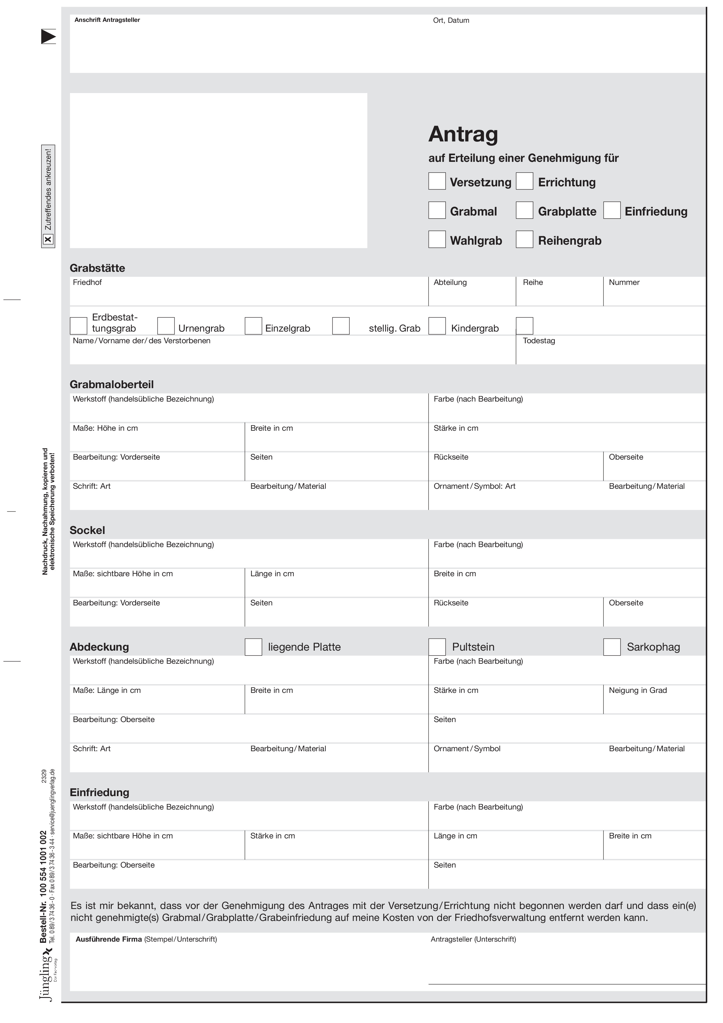 Antrag/Bescheid, Errichtung/Versetzung Grabmal, A4, 2-fach Antrag/Bescheid, Errichtung/Versetzung Grabmal, A4, 2-fach