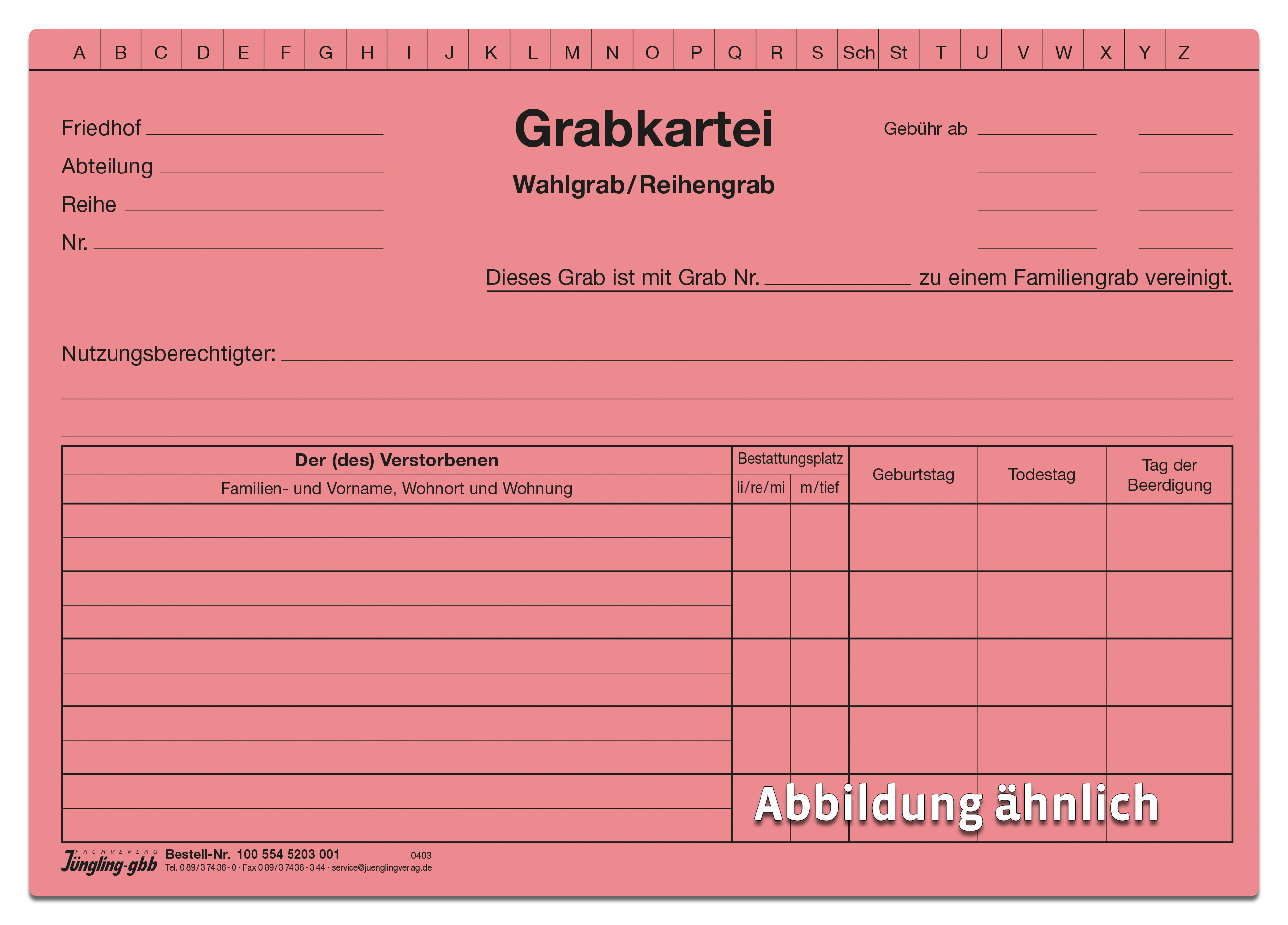 Grabkarteikarte Wahl-/Reihengrab, A5, rosa