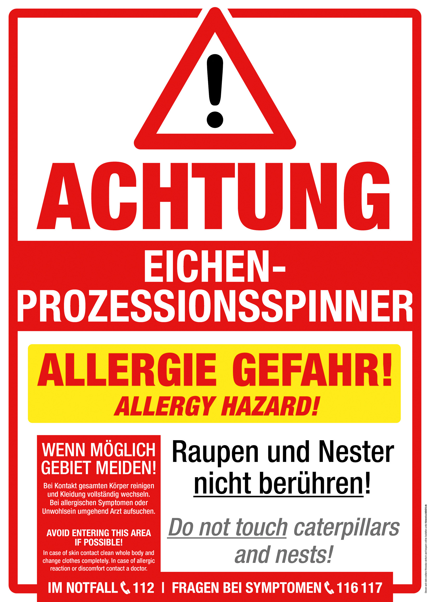 Hinweisschild Eichenprozessionsspinner: Allergiegefahr, 500 x 700 mm, Alu-Verbundmaterial