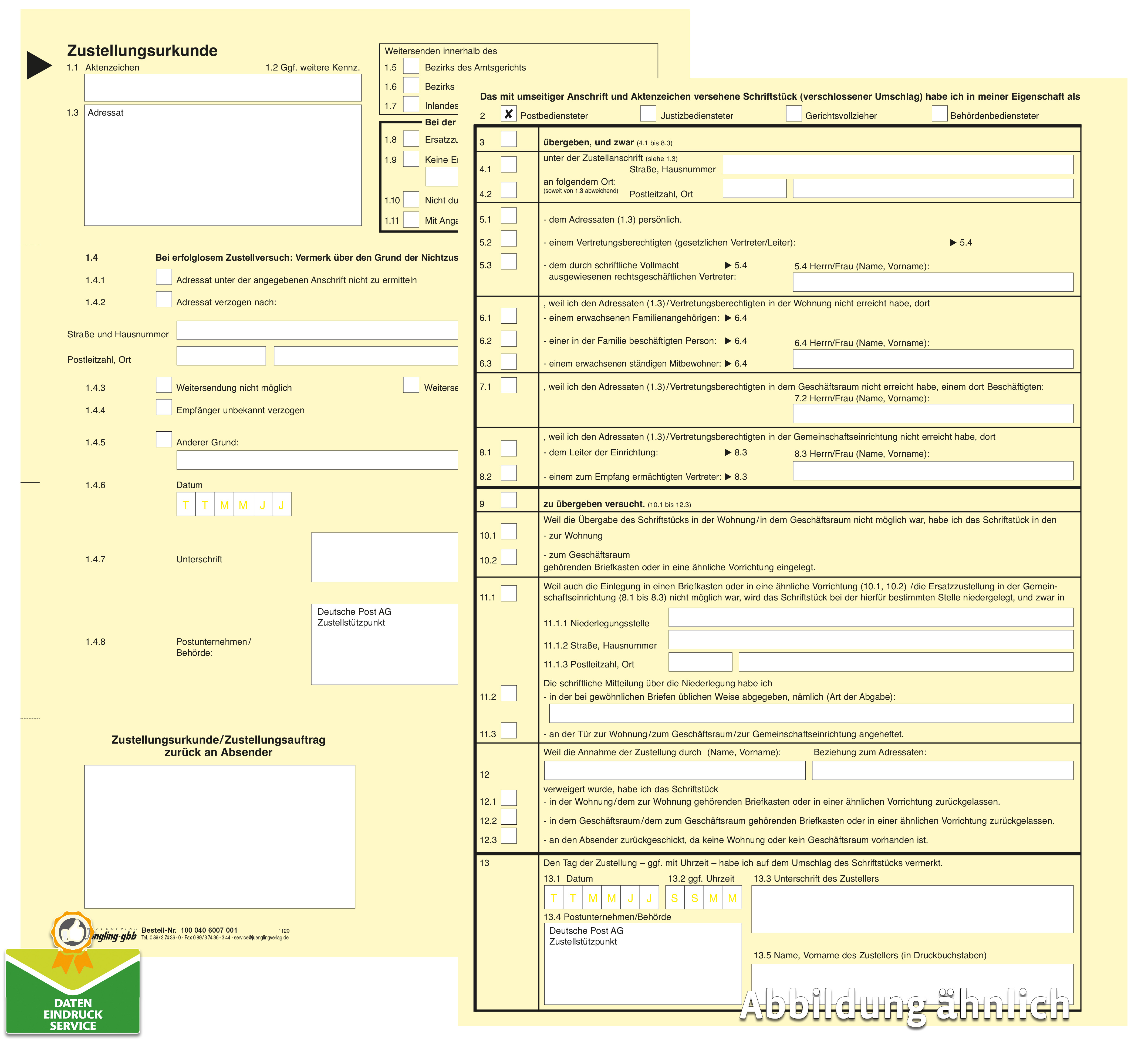 Zustellungsurkunde, A4, gelb, laserdruckergeeignet, Deutsche Post AG, Stand: 01.05.2004