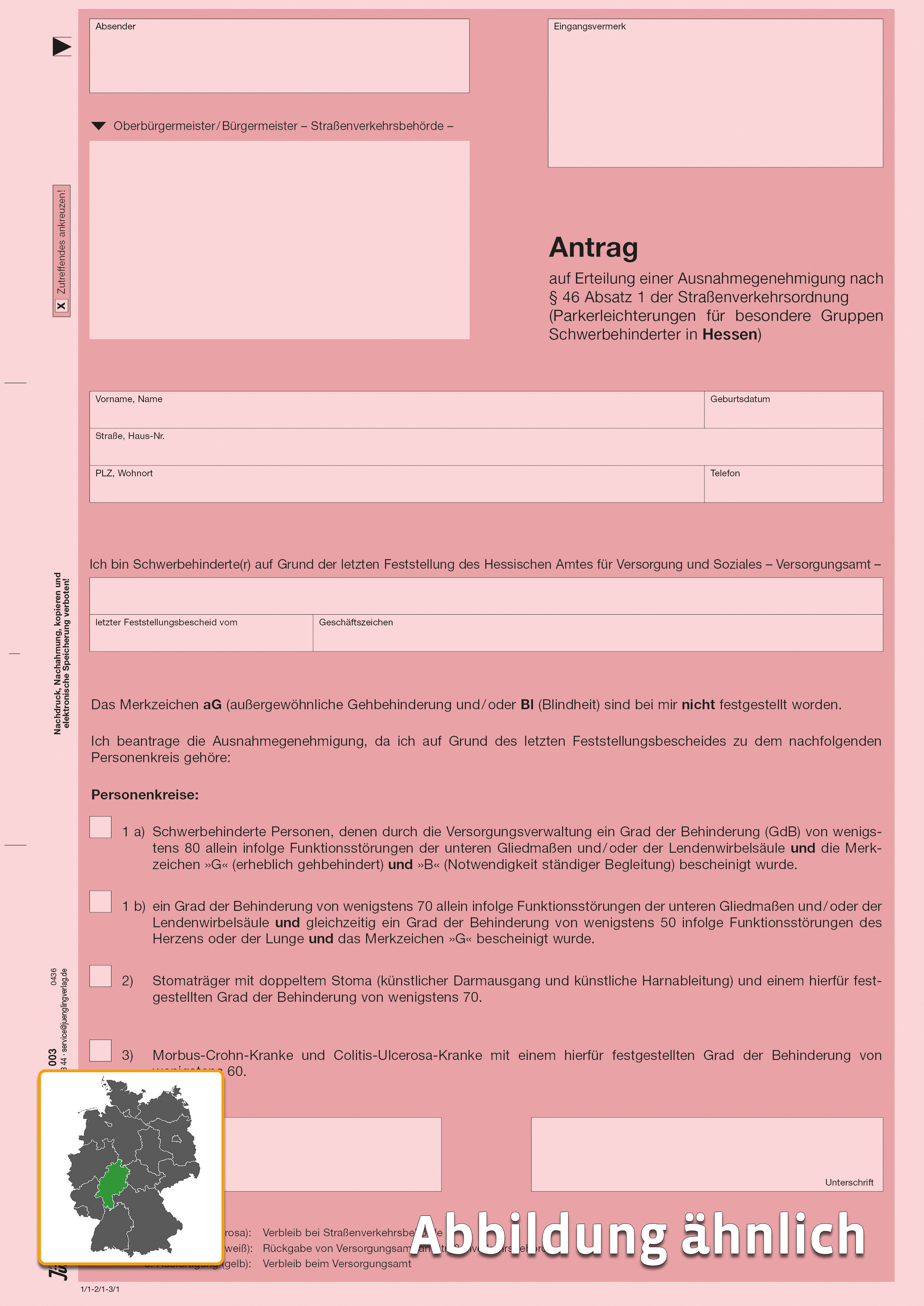 Antrag auf Parkerleichterungen für besondere Gruppen von Schwerbehinderten für Hessen, A4 3-fach