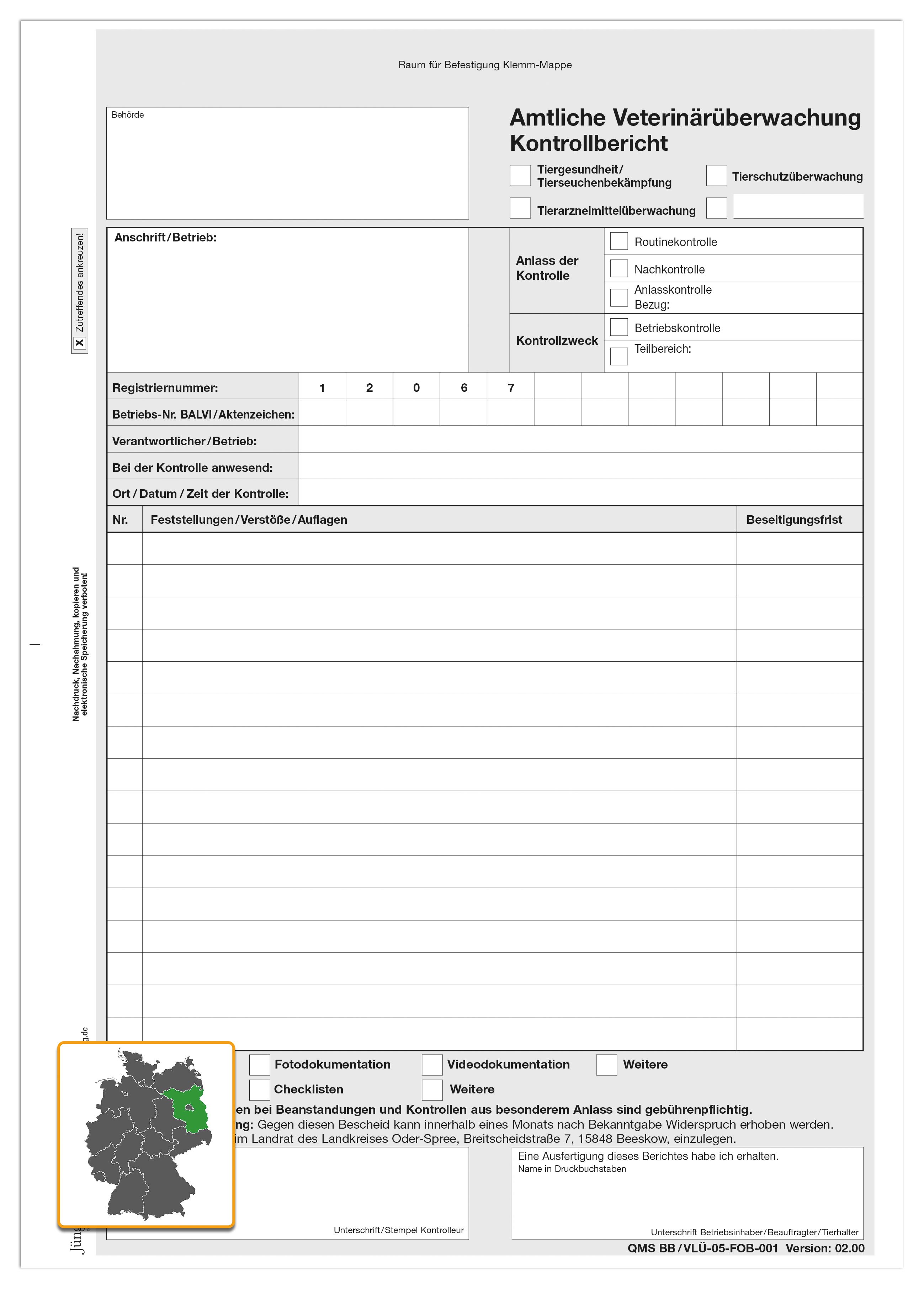 Kontrollbericht der Veterinärüberwachung Version 02.00, A4 2-fach