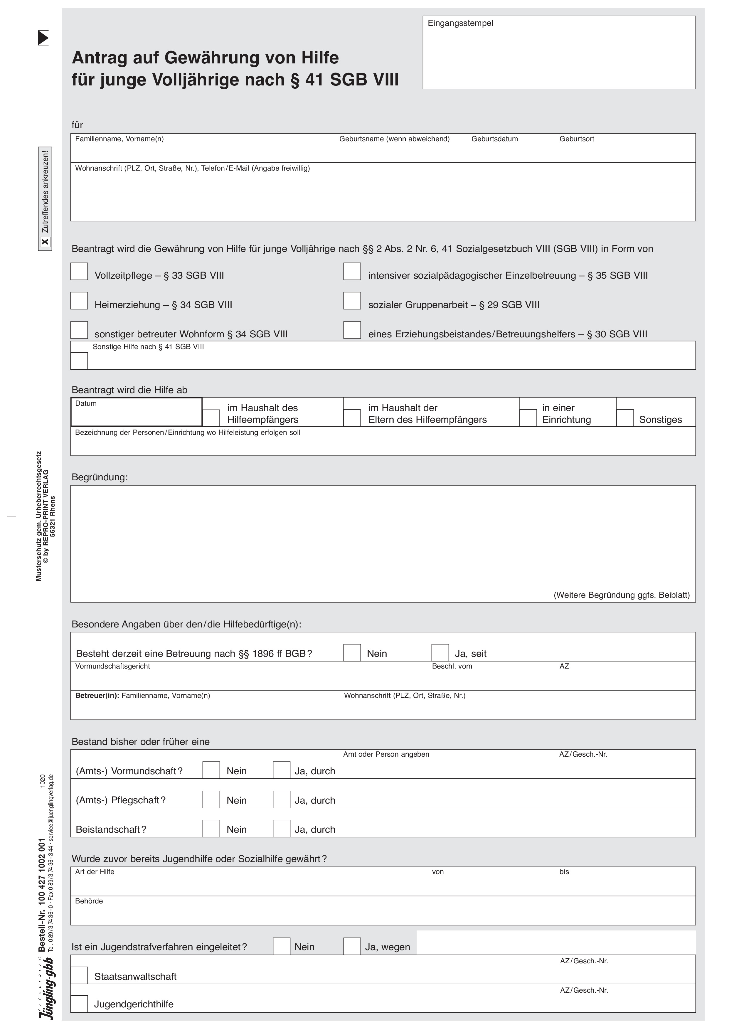 Antrag auf Gewährung von Hilfe für junge Volljährige nach § 41 SGB VIII, 4-seitig