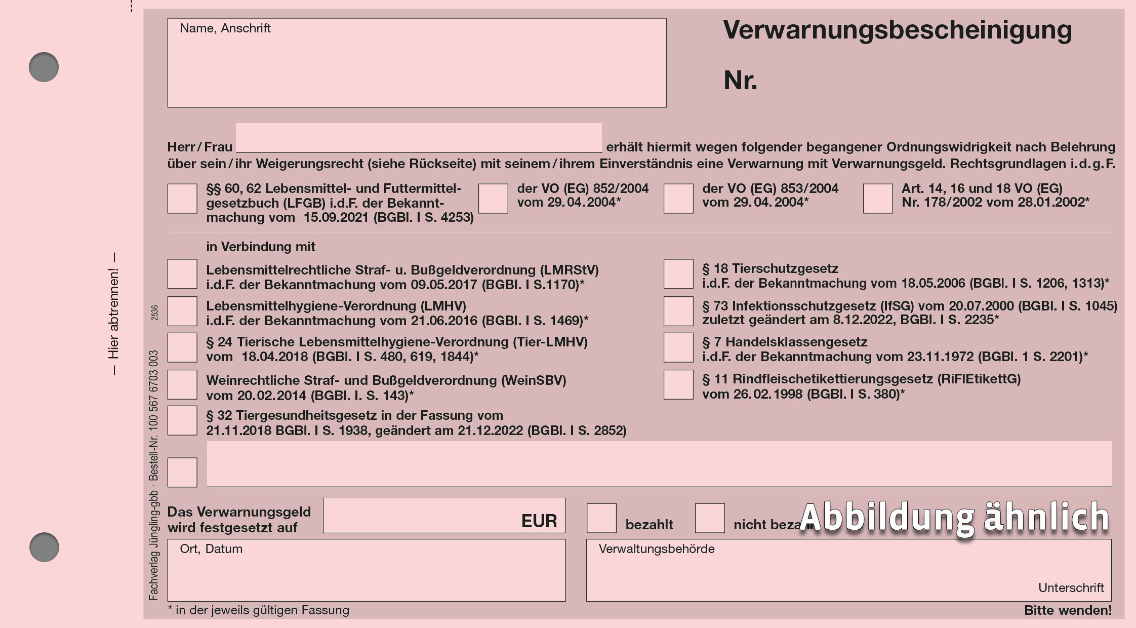 Verwarnungsbescheinigung Lebensmittelüberwachung, DIN lang 3-fach