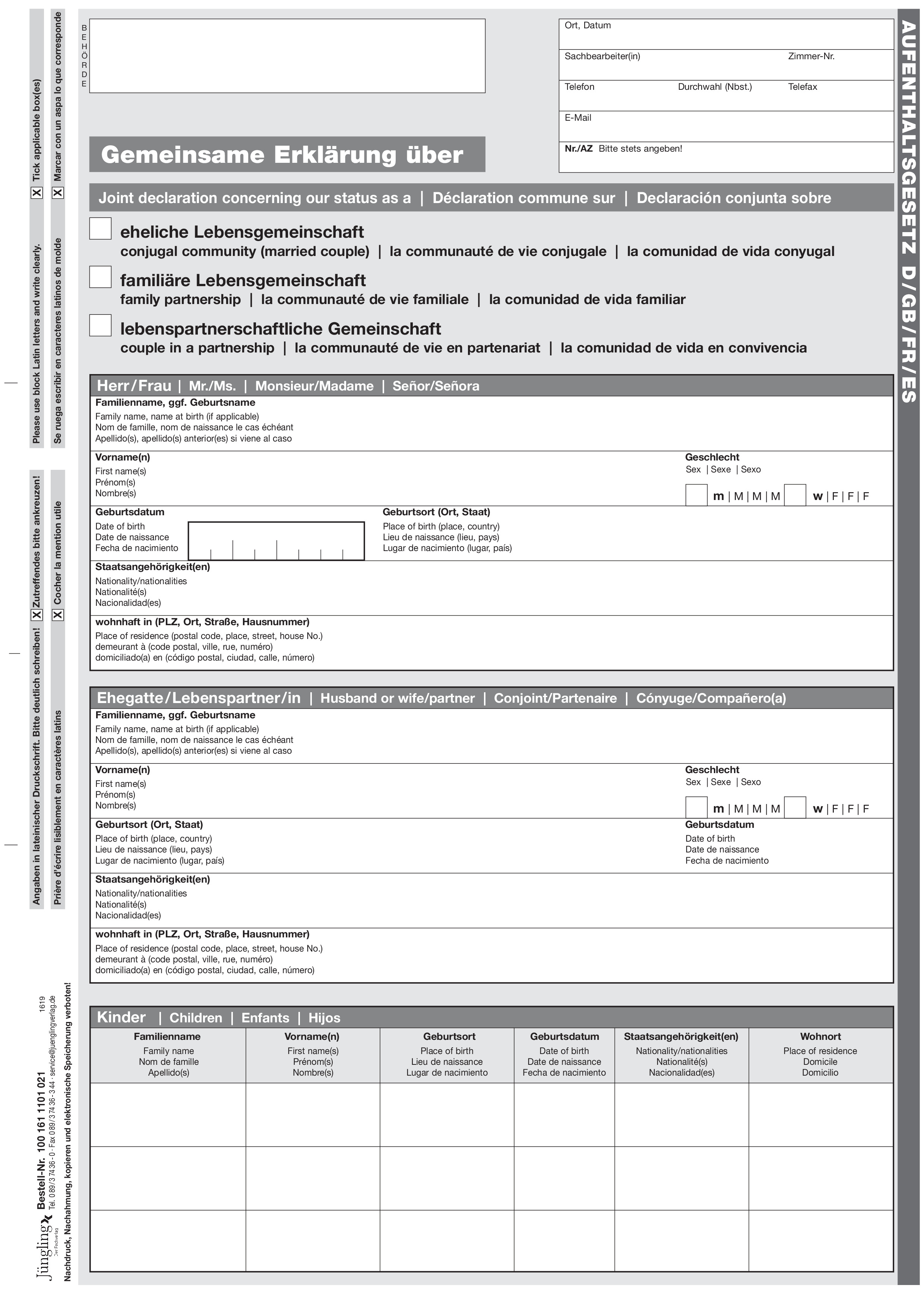 Gemeinsame Erklärung zur (Lebens)gemeinschaft, Deutsch-Englisch-Französisch-Spanisch, A4