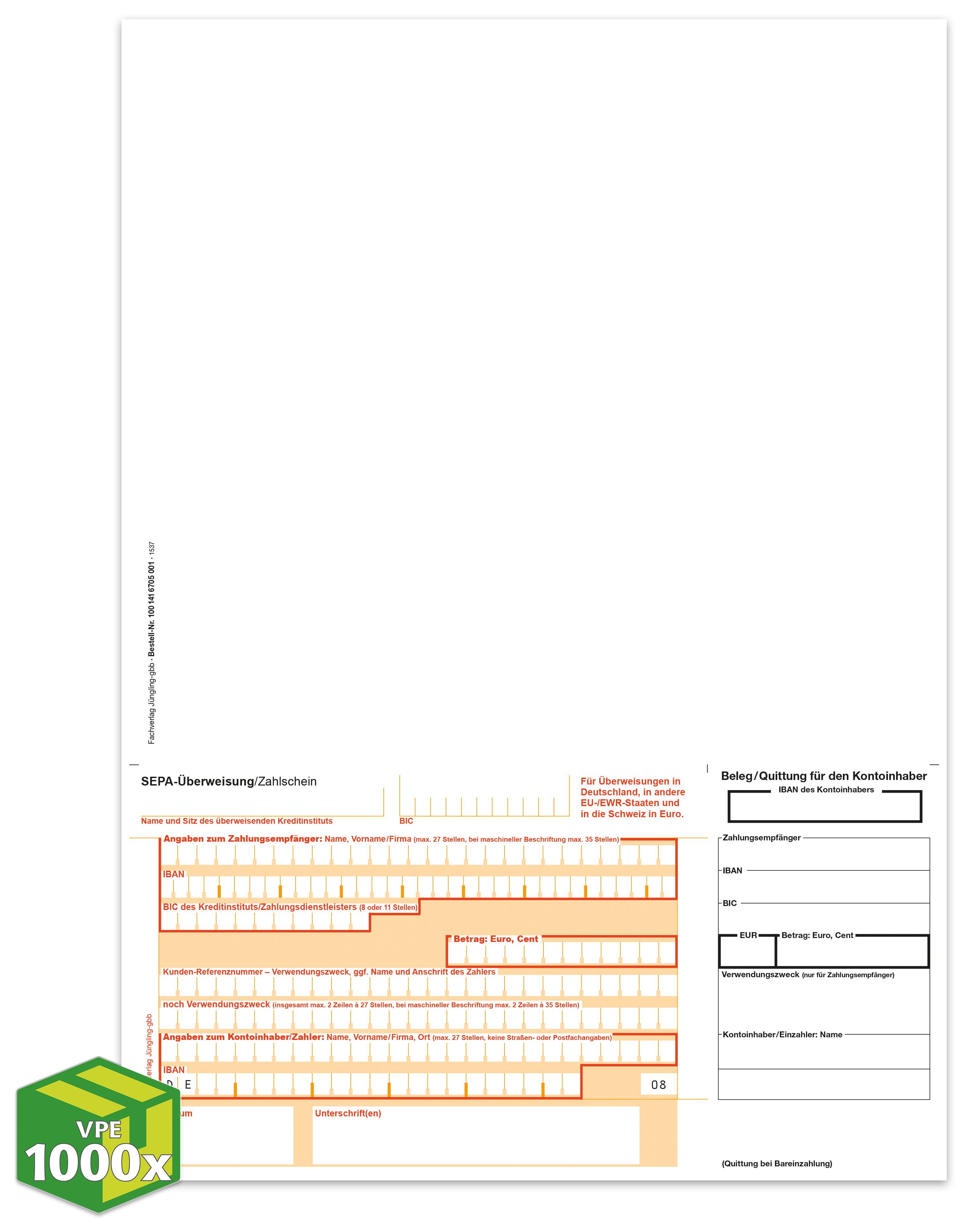 SEPA Zahlschein, Giro unten, Beleg rechts, [08], A4, VKE 1000 Stück