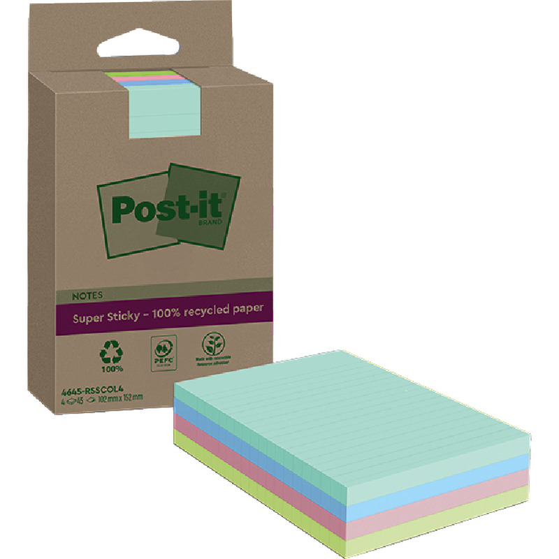 Post-it® Super Sticky 100 % Recycling Notes, Verschiedene Farben, Liniert, 102 mm x 152 mm, 45 Blatt/Block, 4 Blöcke/Packung