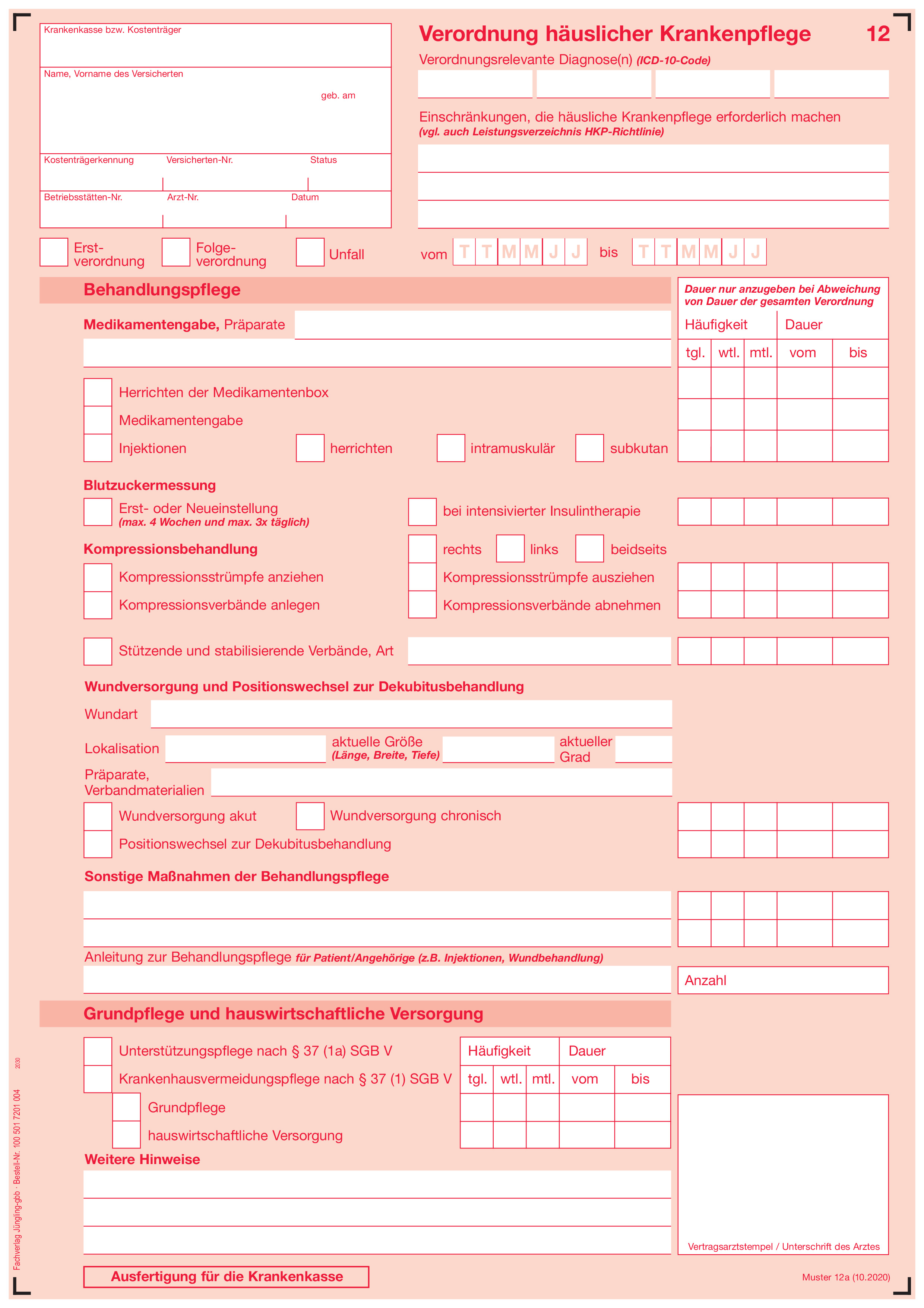 Verordnung häusliche Krankenpflege für Kassenpatienten, A4 3-fach, SD