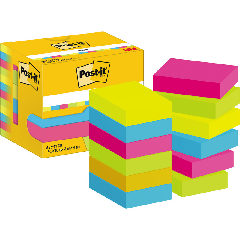Post-it® Notes, Energetic Collection, 38 mm x 51 mm, 100 Blatt/Block, 12 Blöcke/Packung