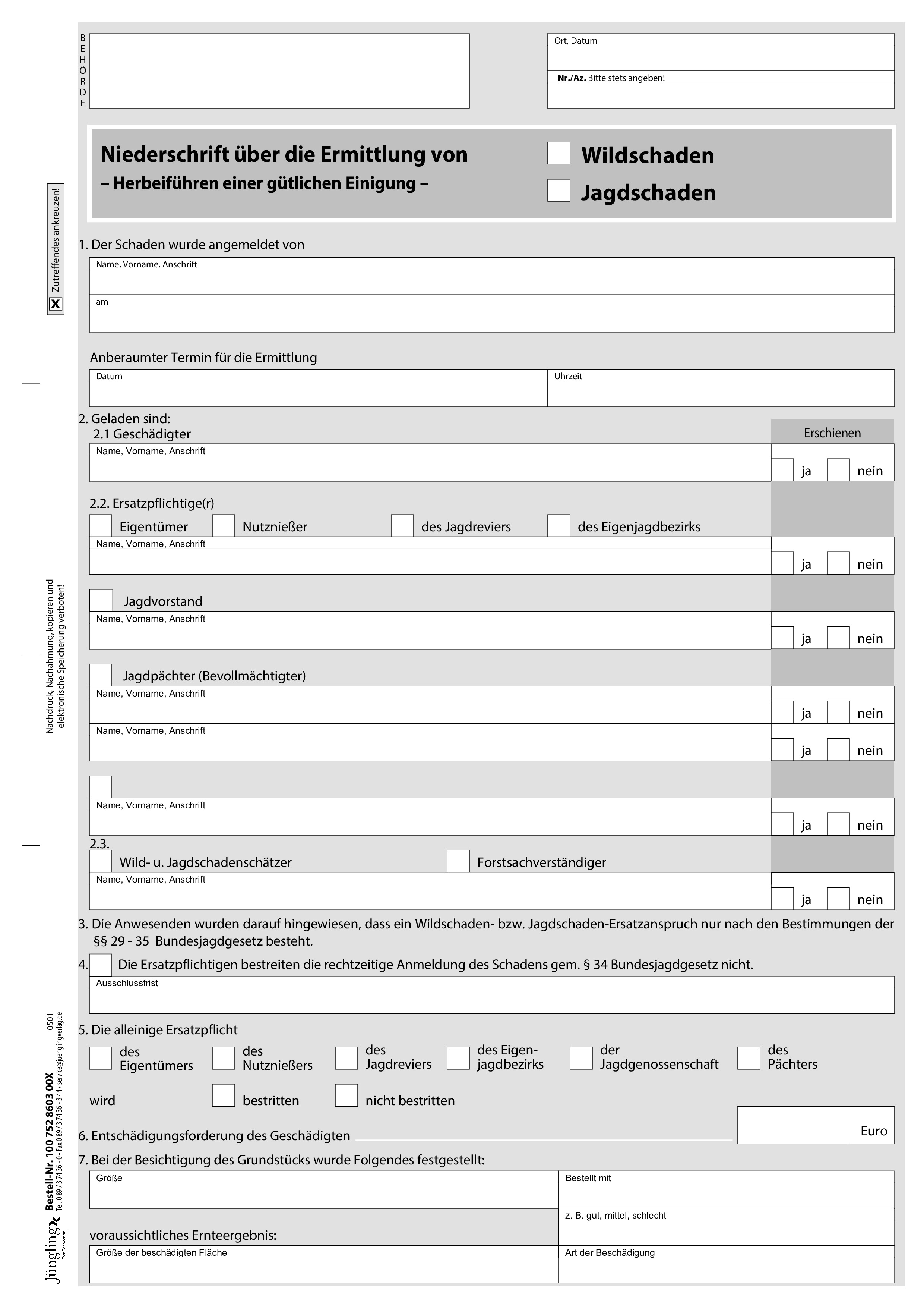 Niederschrift über die Ermittlung von Wildschaden / Jagdschaden gütliche Einigung (Blatt 1), A4