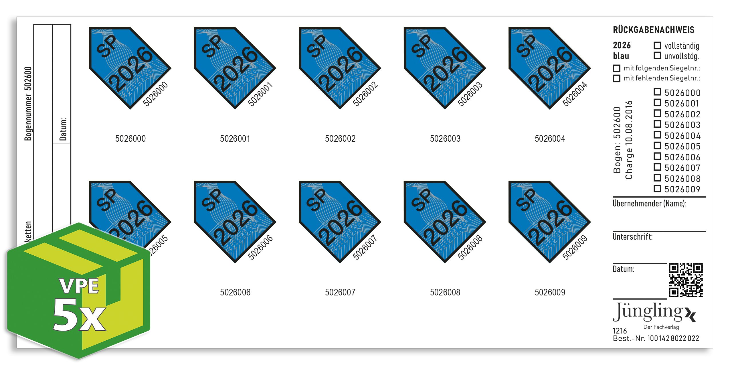 SP-Prüfmarke 2026 (blau), Verlagsnummerierung, VKE á 50 Stück
