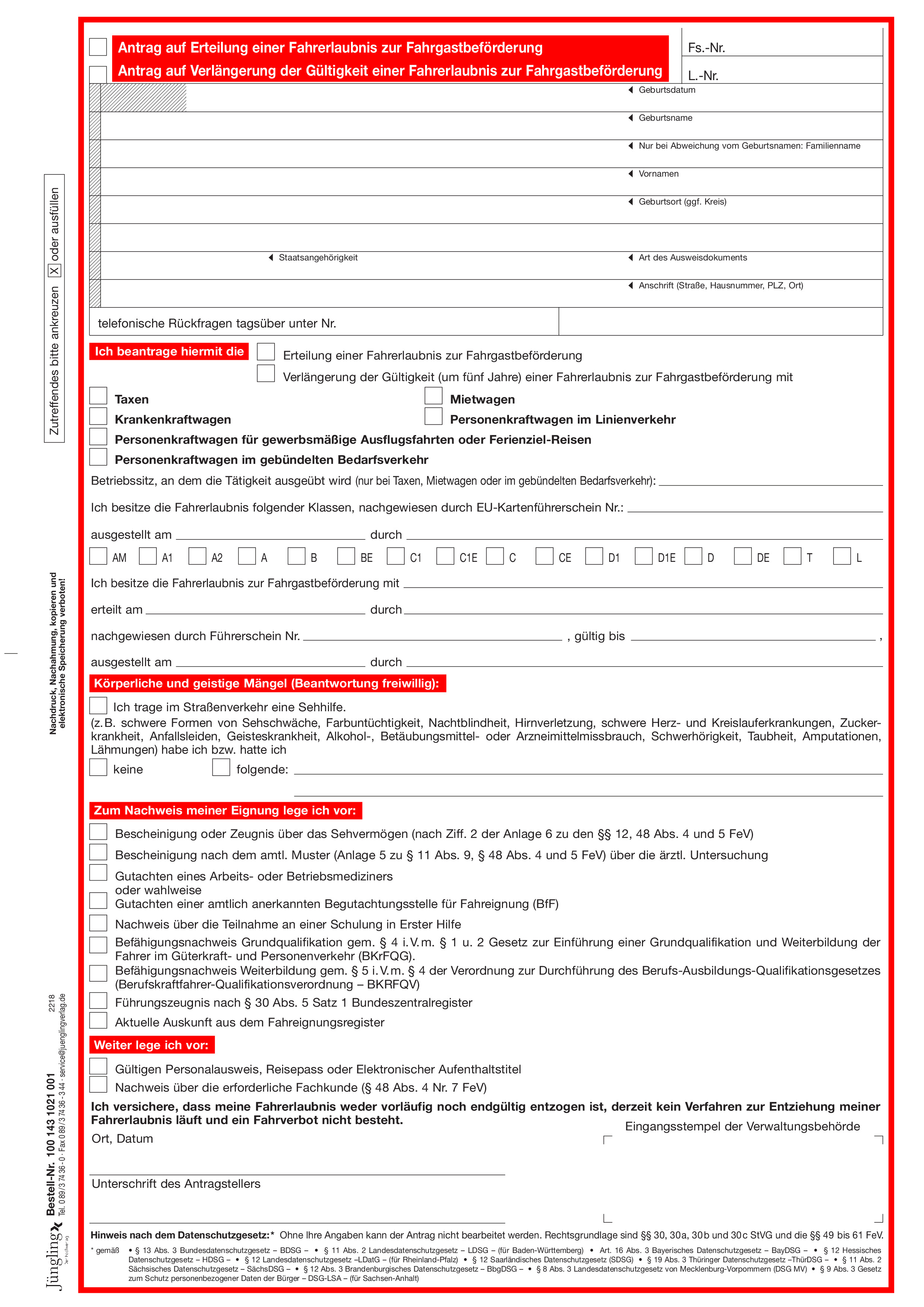 Antrag auf Erteilung/Verlängerung einer Fahrerlaubnis zur Fahrgastbeförderung, A4, 4-seitig