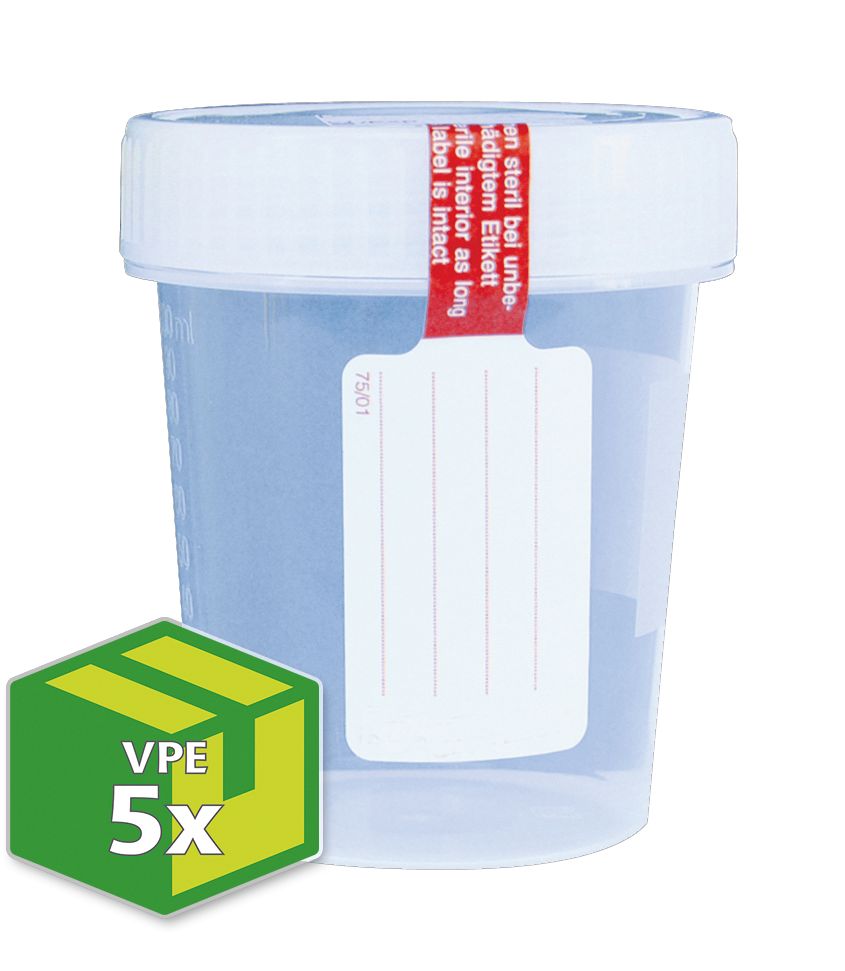 Probenbecher, steril MHD 07/2028, VPE: zu 5 Stück verpackt, mit Schraubverschluss, skaliert 100 ml, mit Sicherungsetikett
