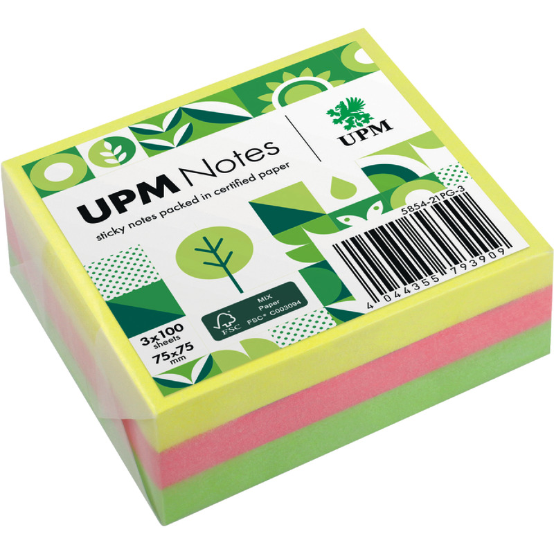 UPM NOTES Haftnotizen 75 x 75 mm, 3 x 100 Blatt Brillant-Mix