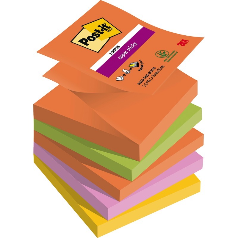 Post-it® Haftnotizen Super Sticky Z-Notes, 76 x 76 mm, farbsortiert - Boost bunt