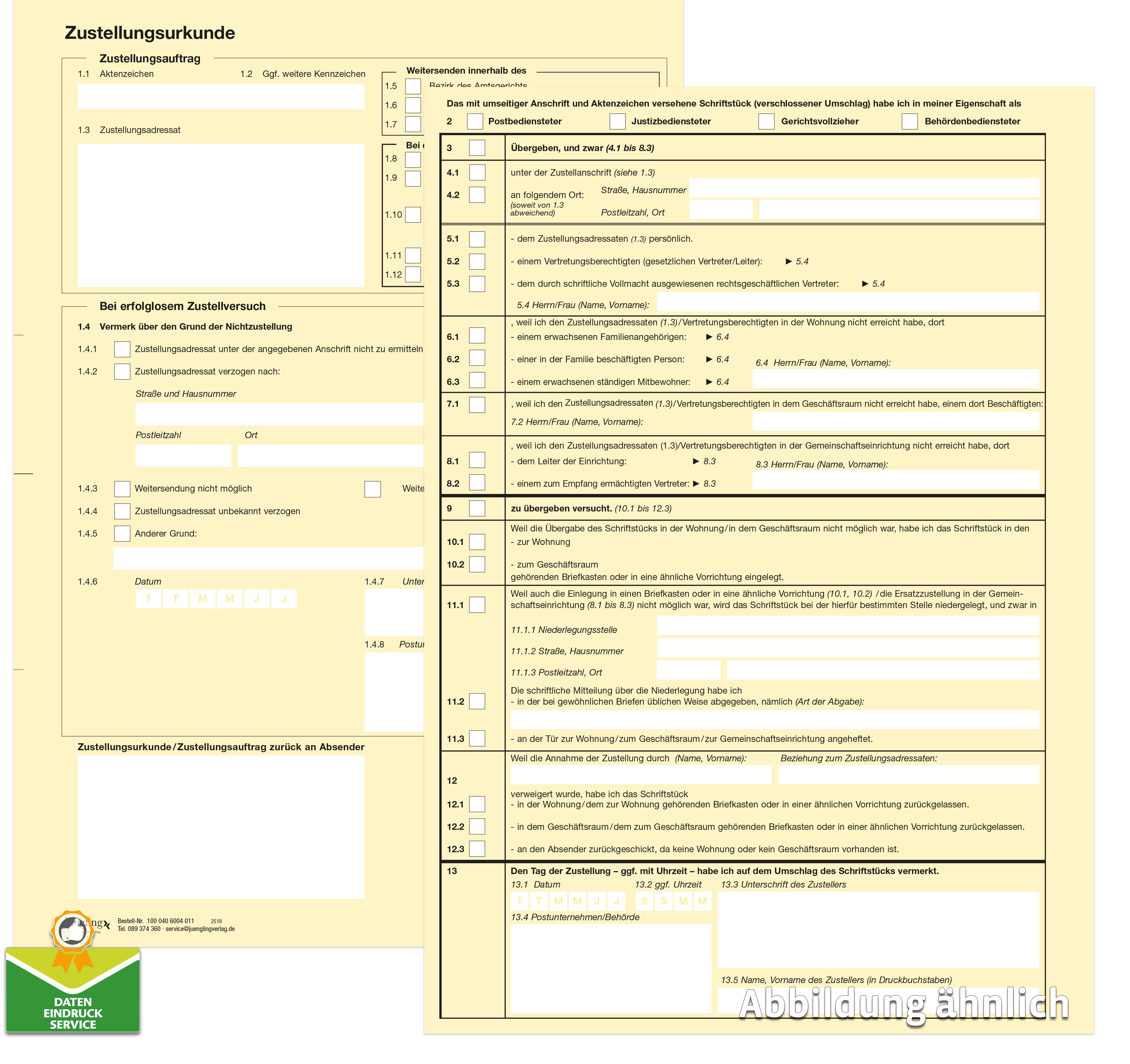 Zustellungsurkunde A4, gelb, laserdruckergeeignet, ohne Eindruck (ohne Barcode)