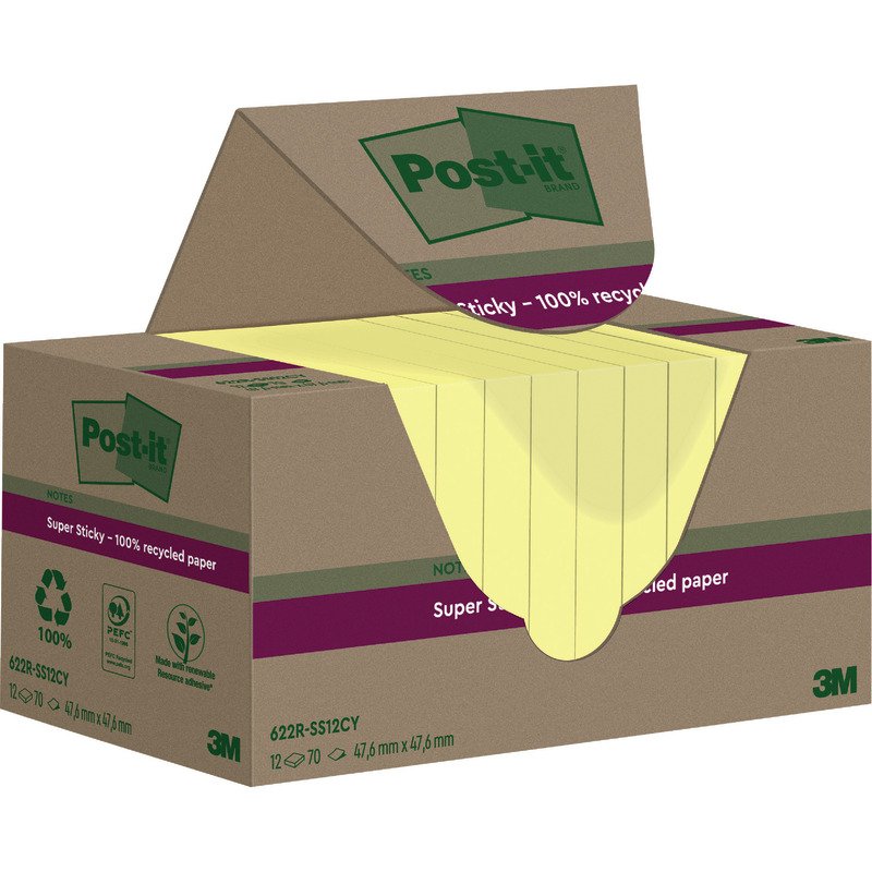 Post-it® Super Sticky 100 % Recycling Notes, Gelb, 47.6 mm x 47.6 mm, 70 Blatt/Block, 12 Blöcke/Packung