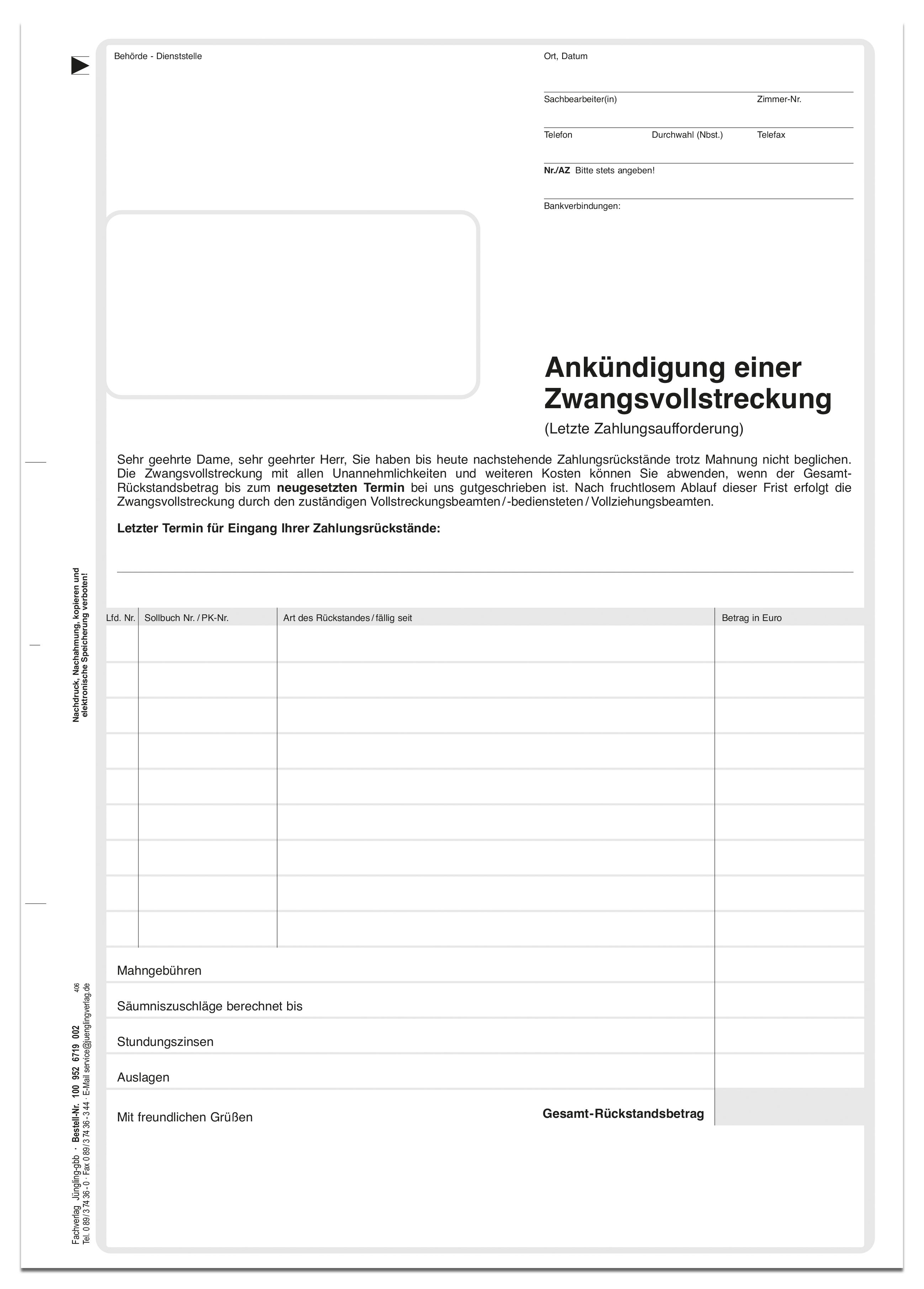 Ankündigung Zwangsvollstreckung, selbstdurchschreibend, DIN A4