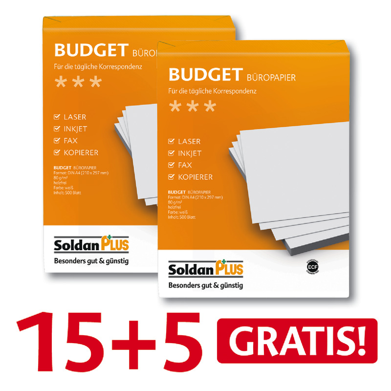 15 + 5 GRATIS! 20 Pack SoldanPlus Büropapier BUDGET, DIN A4, 80 g/m², Pack: 500 Blatt