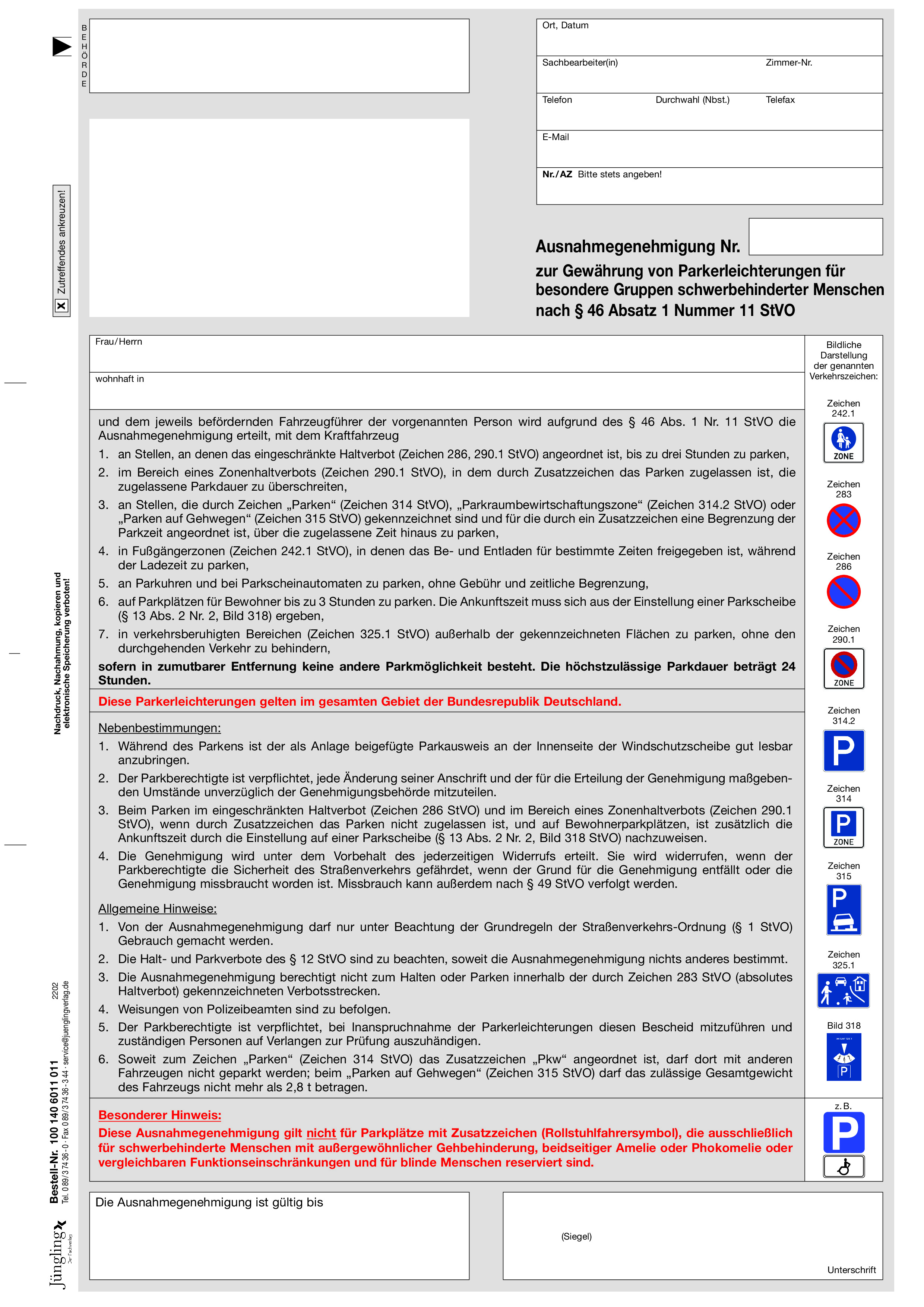 Ausnahmegenehmigung für Parkerleichterungen für besondere Gruppen von schwerbinderten Menschen nach § 46 Abs. 1 Nr. 11 StVO, A4, 1-fach, Laservariante