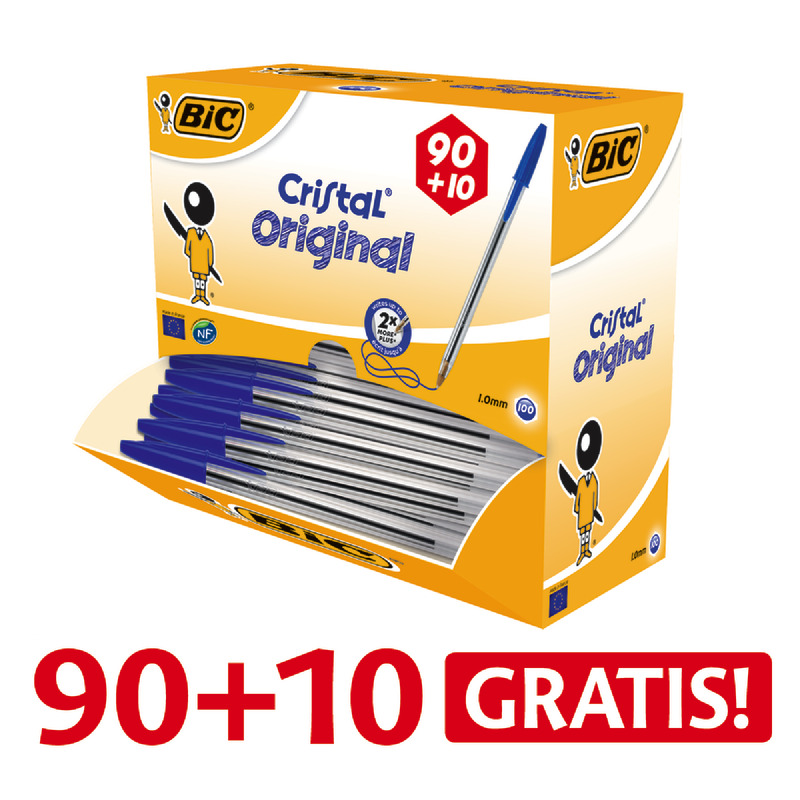 90 + 10 GRATIS! 100 BIC Kugelschreiber CRISTAL Original, M, blau