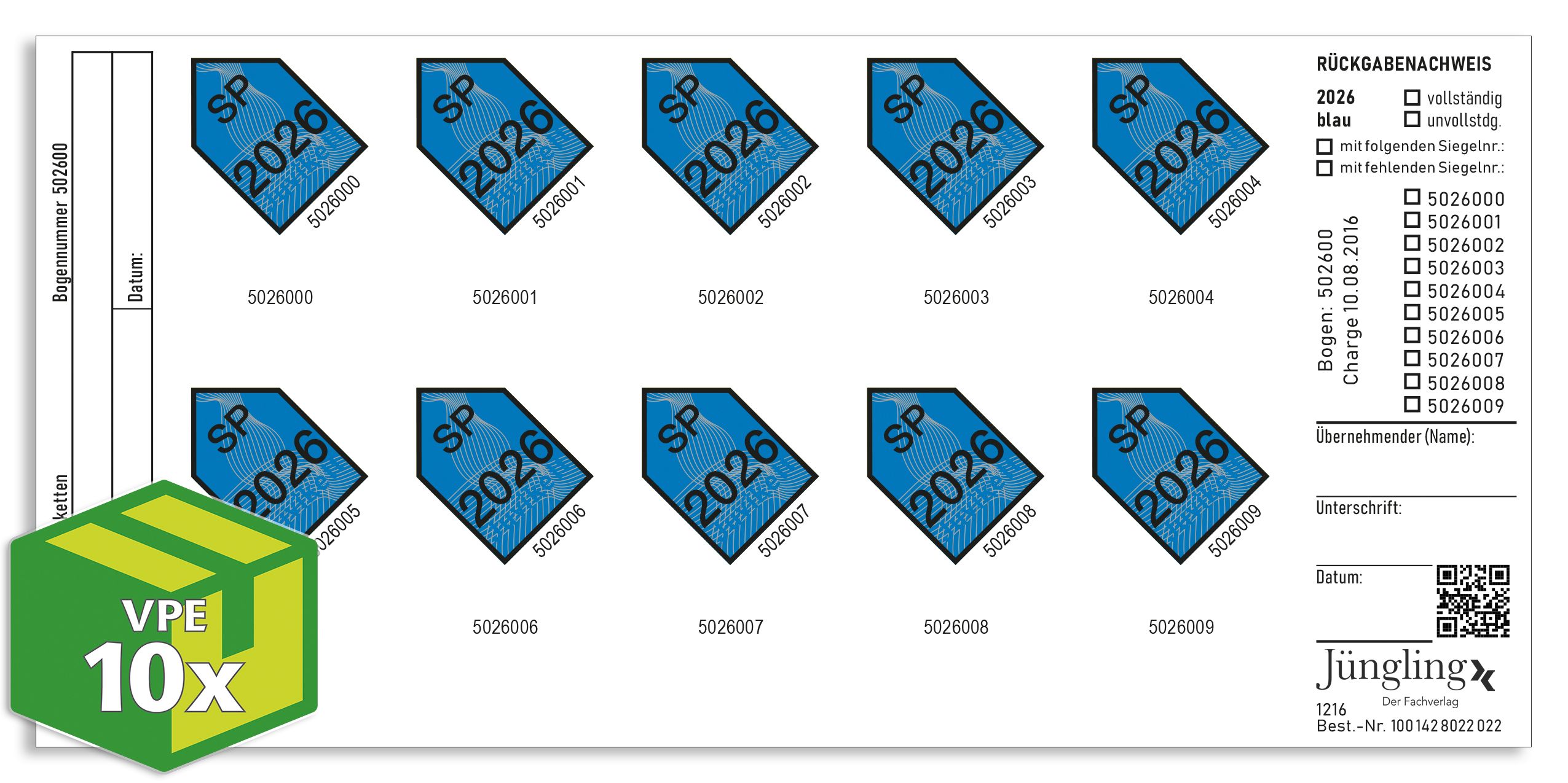 SP-Prüfmarke 2026 (blau), Verlagsnummerierung, VKE á 100 Stück