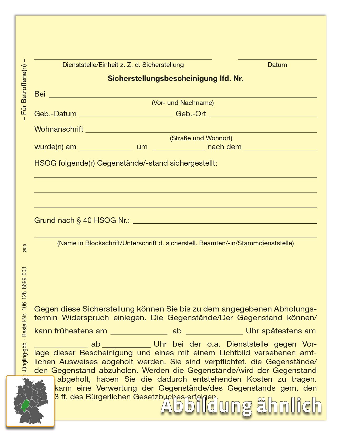 Sicherstellungsbescheinigung, 130x100, Block a 25 Satz, 3-fach