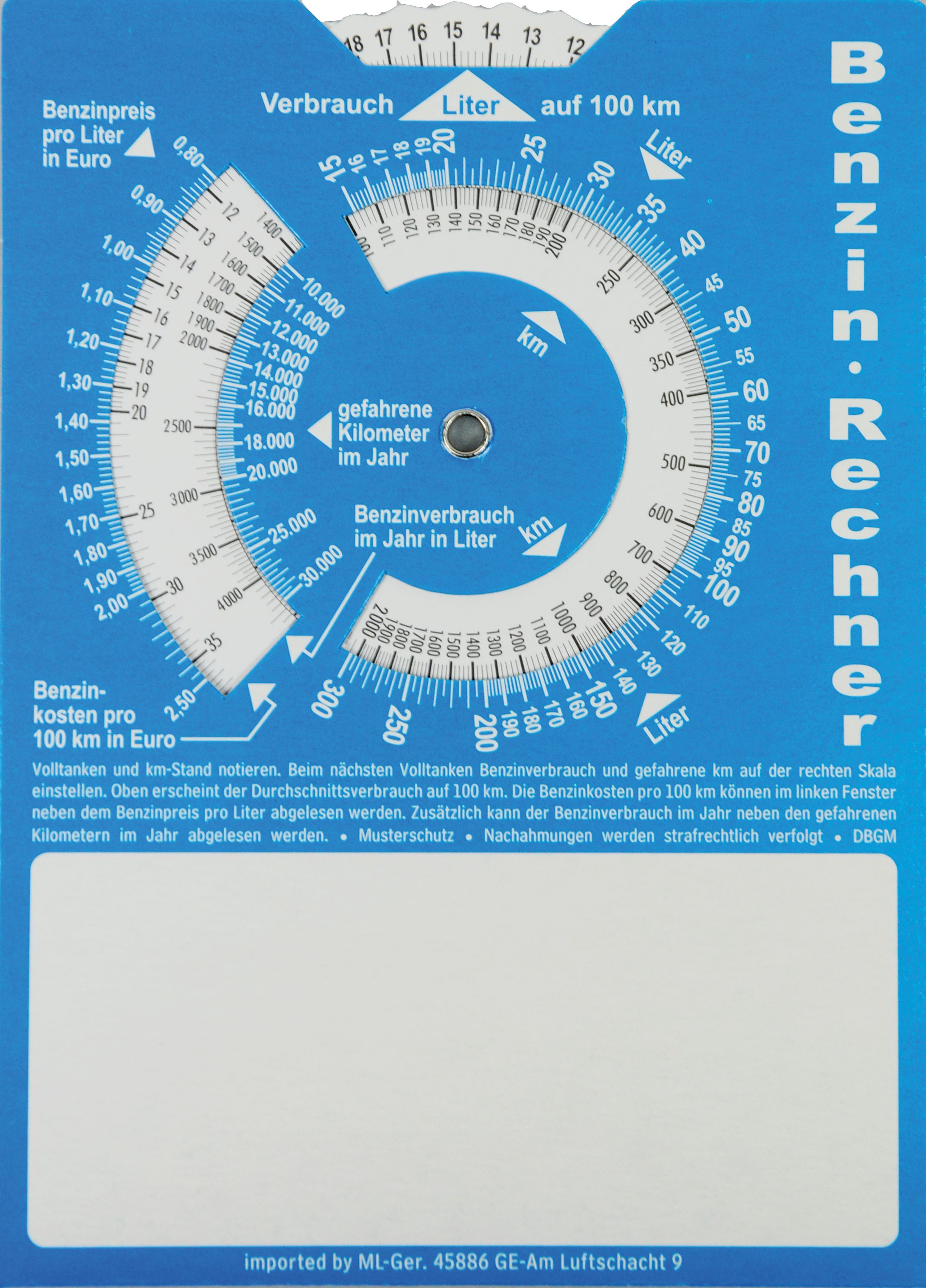 Parkscheibe aus blauer Pappe mit Benzinrechner