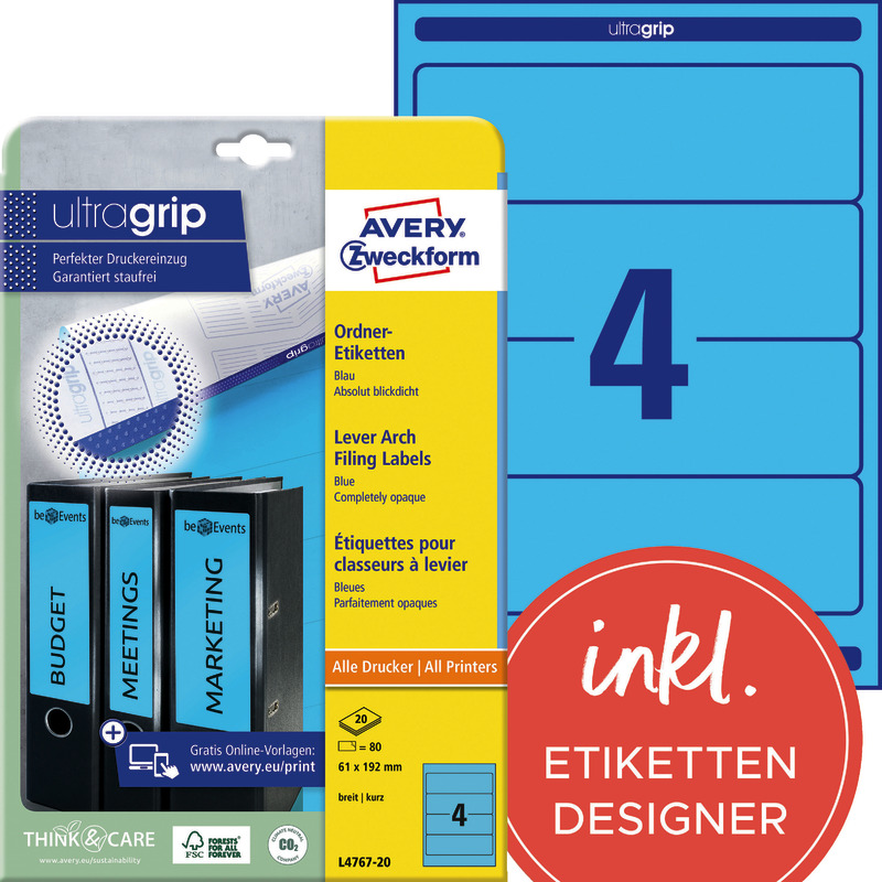 AVERY® Zweckform Ordner-Etiketten, breit, kurz, B x H: 61 x 192 mm - blau AVERY® Zweckform Ordner-Etiketten, breit, kurz, B x H: 61 x 192 mm - blau