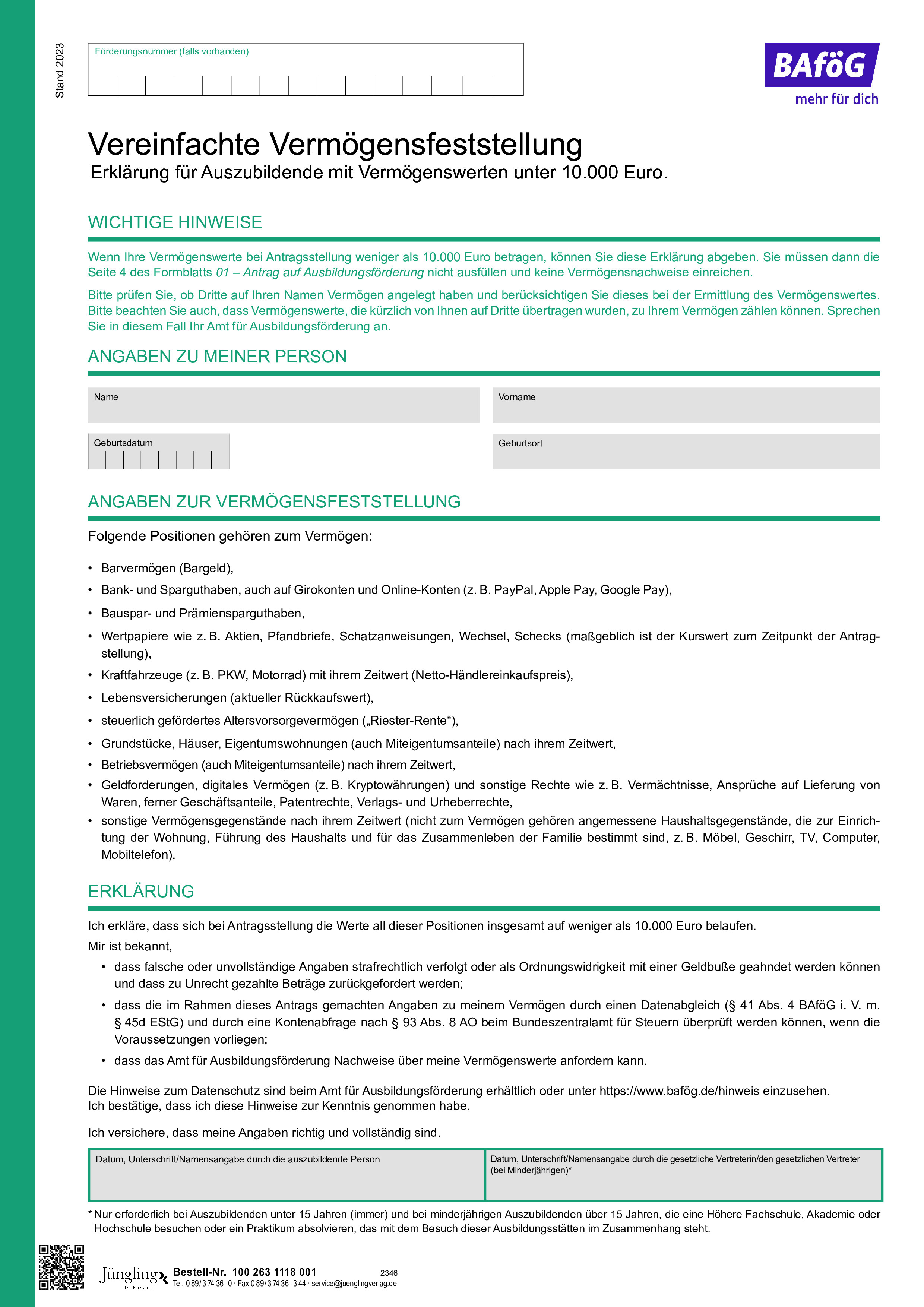 Vereinfachte Vermögensfeststellung, DIN A4, 1-seitig