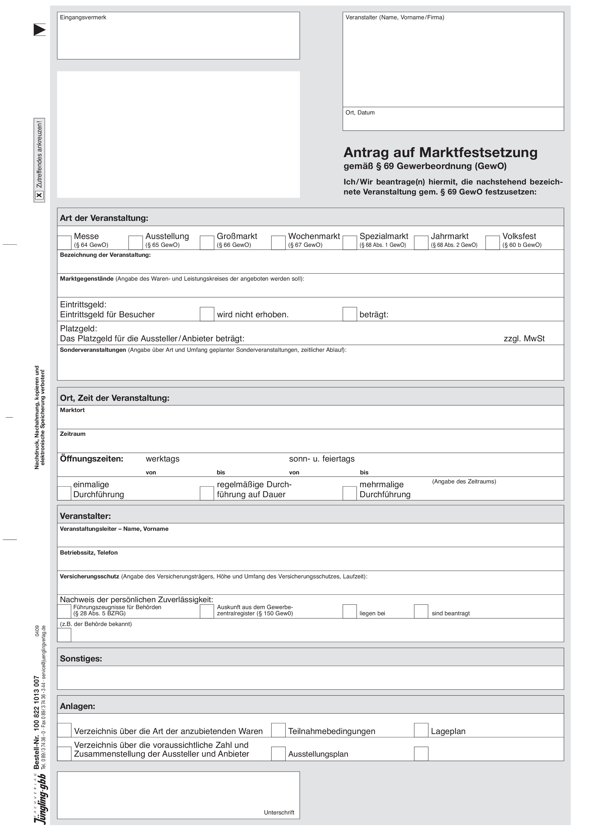Antrag Marktfestsetzung nach § 69 GewO inkl. Anhörung, A4 7-fach
