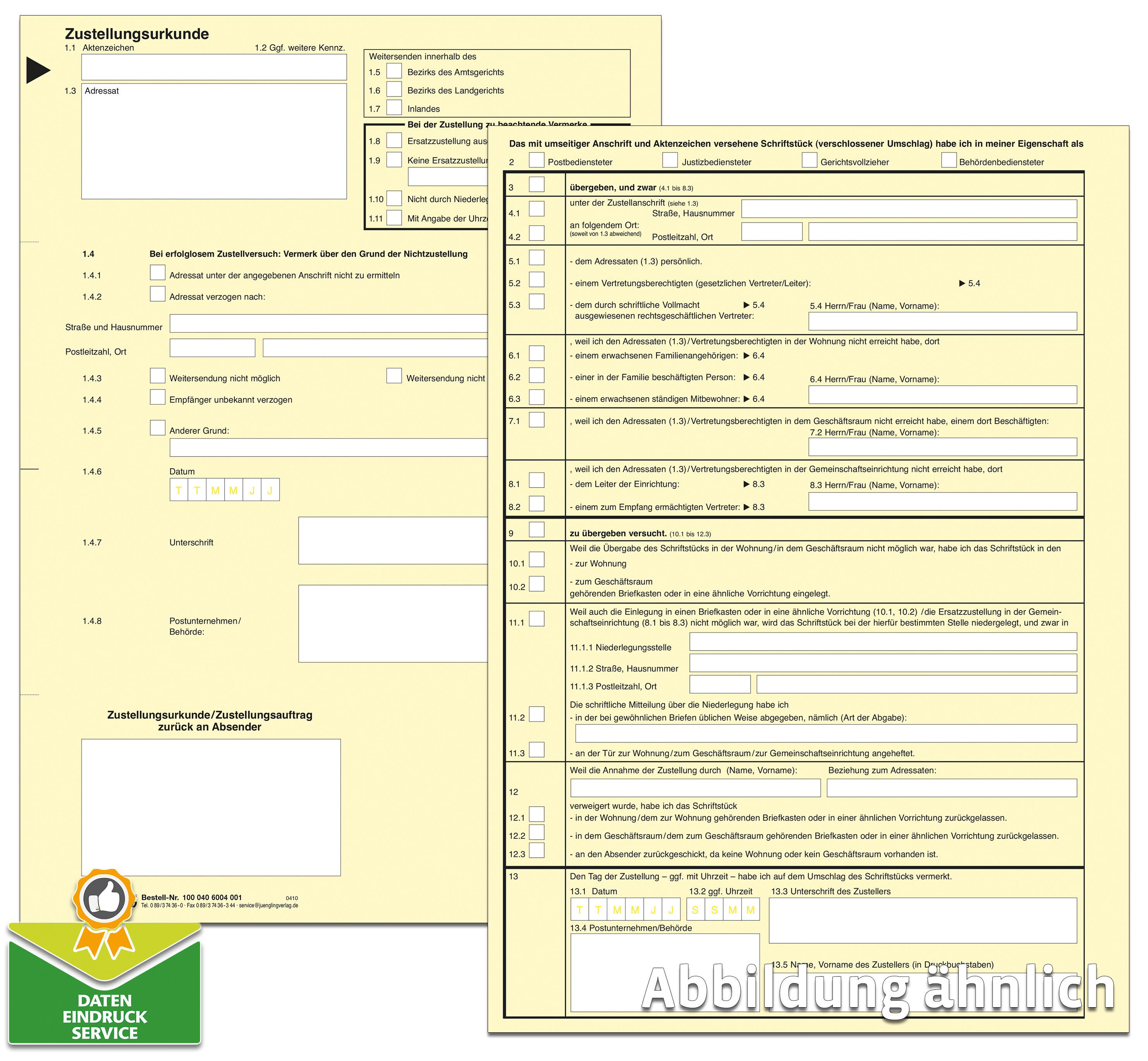 Zustellungsurkunde, A4, gelb, laserdruckergeeignet, ohne Eindruck