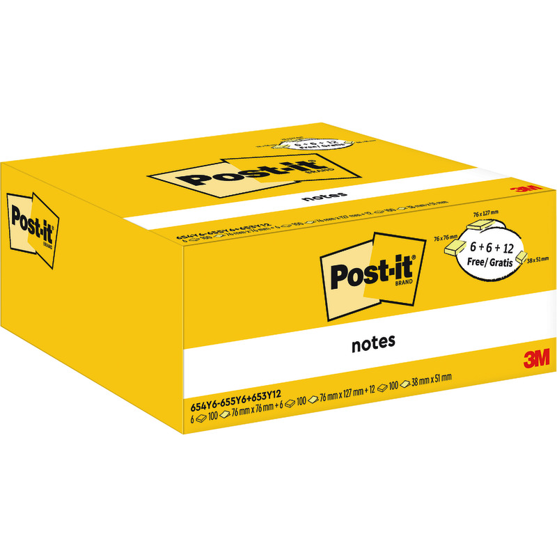 Post-it® Notes, Gelb, Verschiedene Größen, Promotion, 100 Blatt/Block, 12 Blöcke + 12 Gratis/Packung