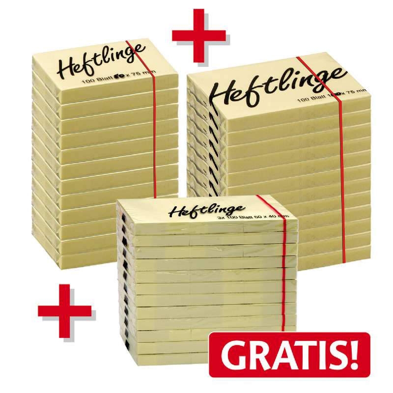 AKTION! Haftnotizen 50 x 75 mm und 100 x 75 mm, gelb, je 12 Blöcke + 12 Blöcke 50 x 40 mm GRATIS
