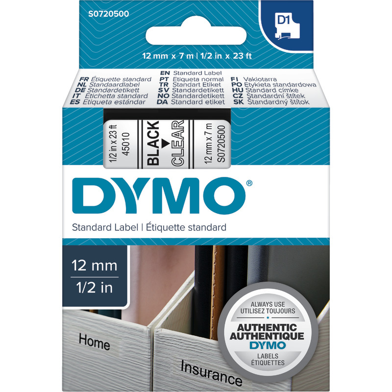 DYMO D1-Beschriftungsband 45010, 12 mm, schwarz/transparent