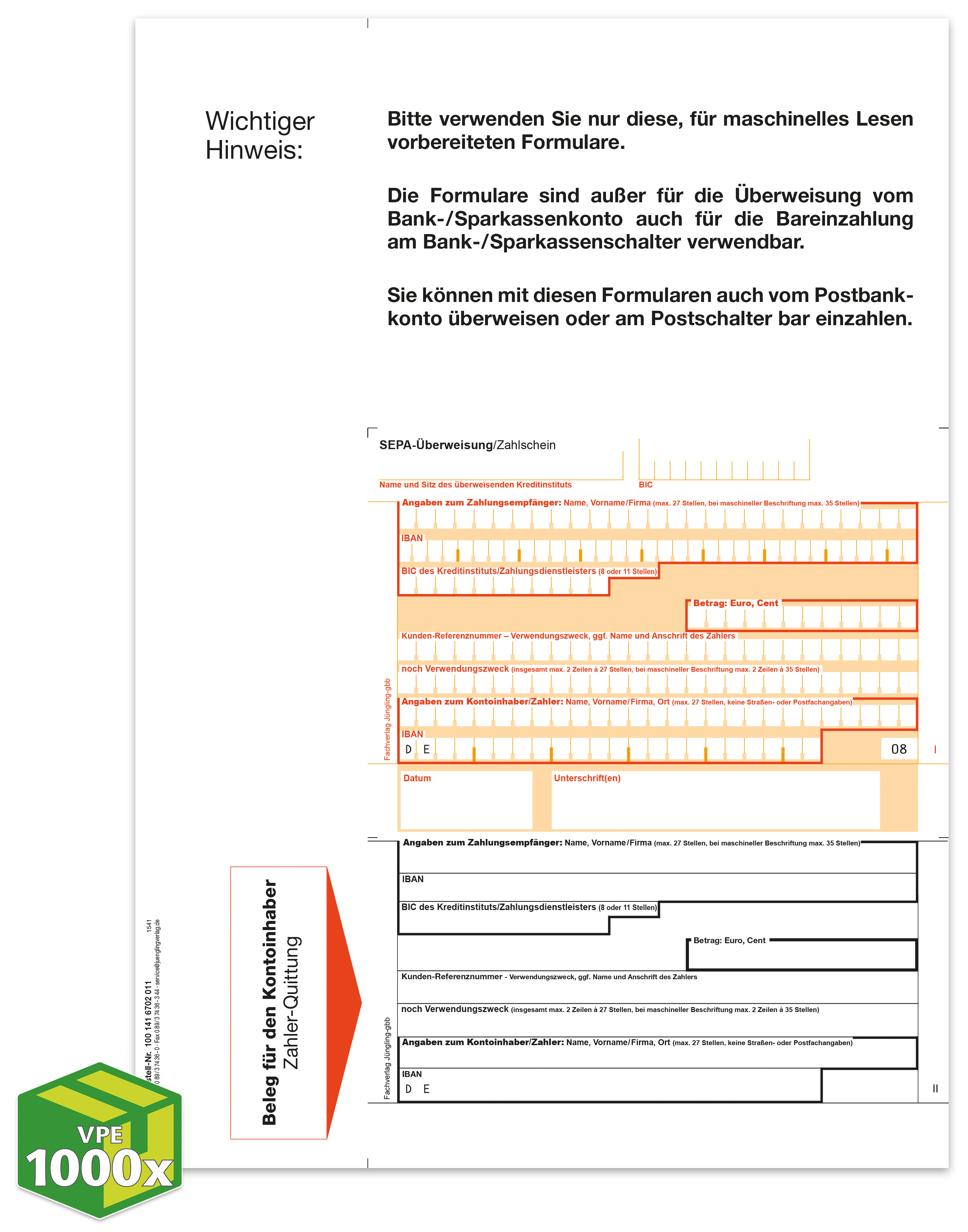 SEPA Zahlschein, A4, Giro Mitte, Beleg unten, [08], ohne Hinweistext, Freifeld für QR-Code, VKE 1000 Stück