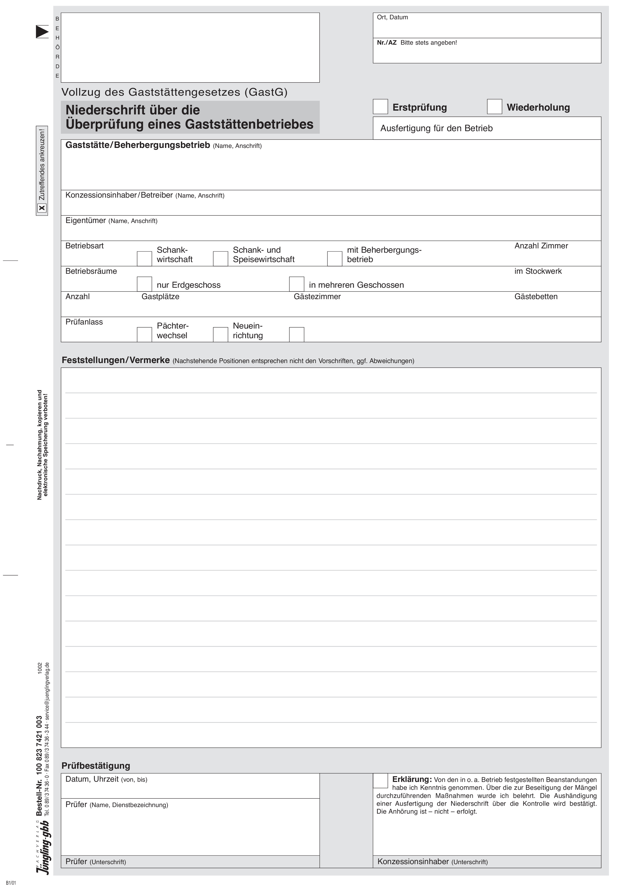 Prüfbericht Gaststättenbetrieb, 3-fach SD