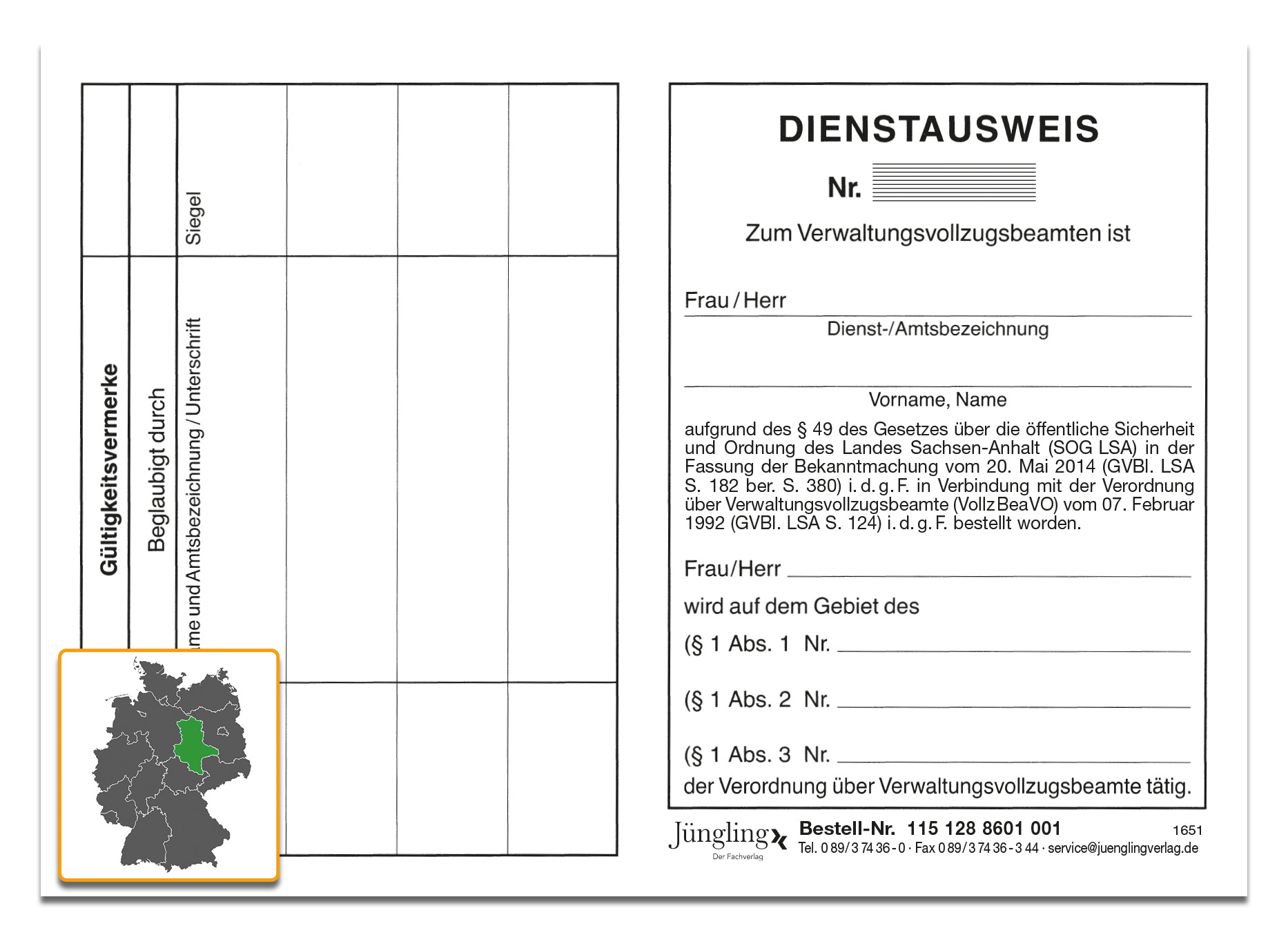 Dienstausweis, Verwaltungsvollzugsbeamter nach SOG, A7, 4seitig, 