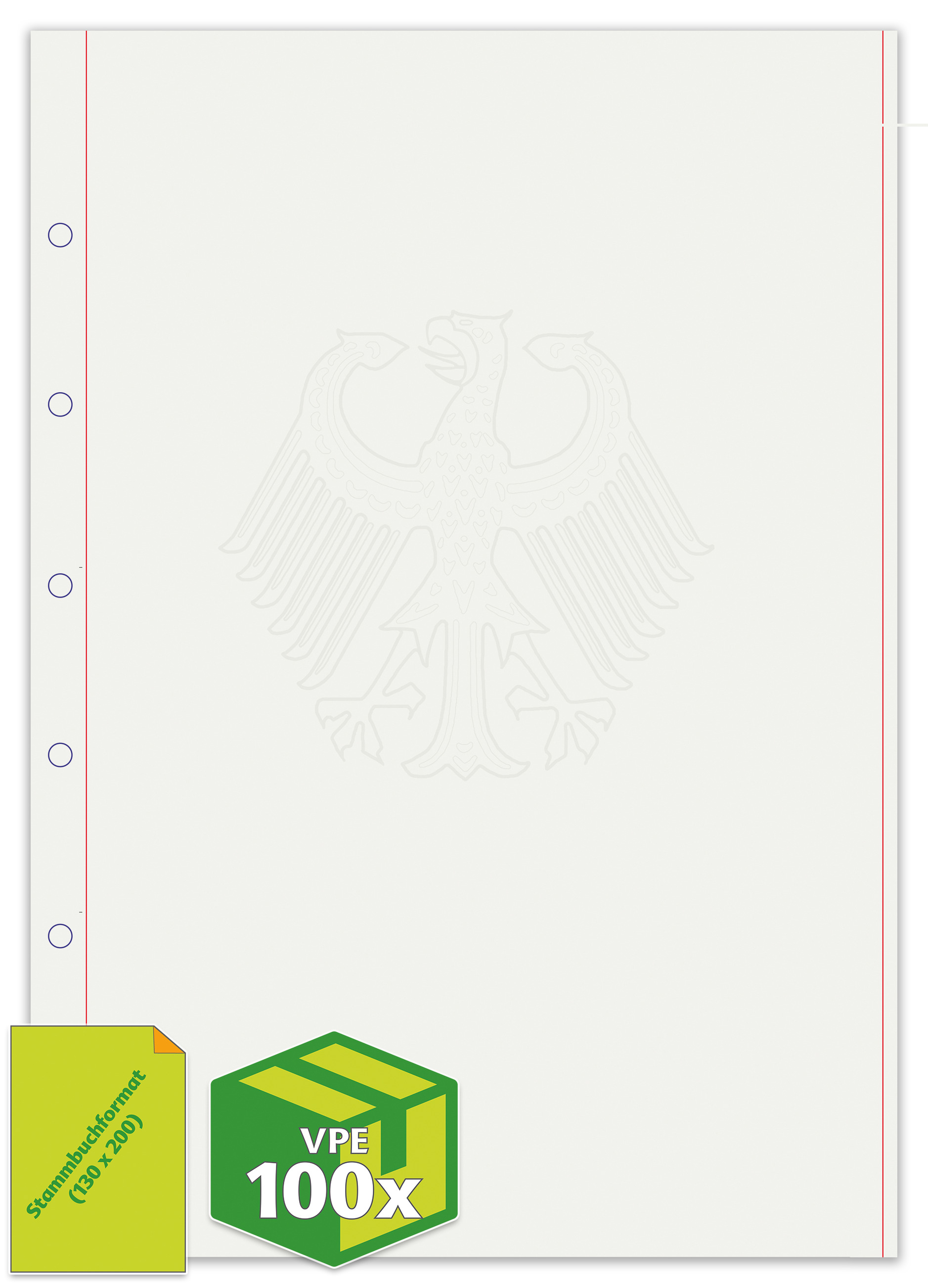 Sicherheitspapier, 130 x 200 mm, Schmuckrand, mit Kombi-Sicherheitselement Adler und Kopierschutz, 100g, 6-Ring-Lochung, 1 VPE = 100 Stück