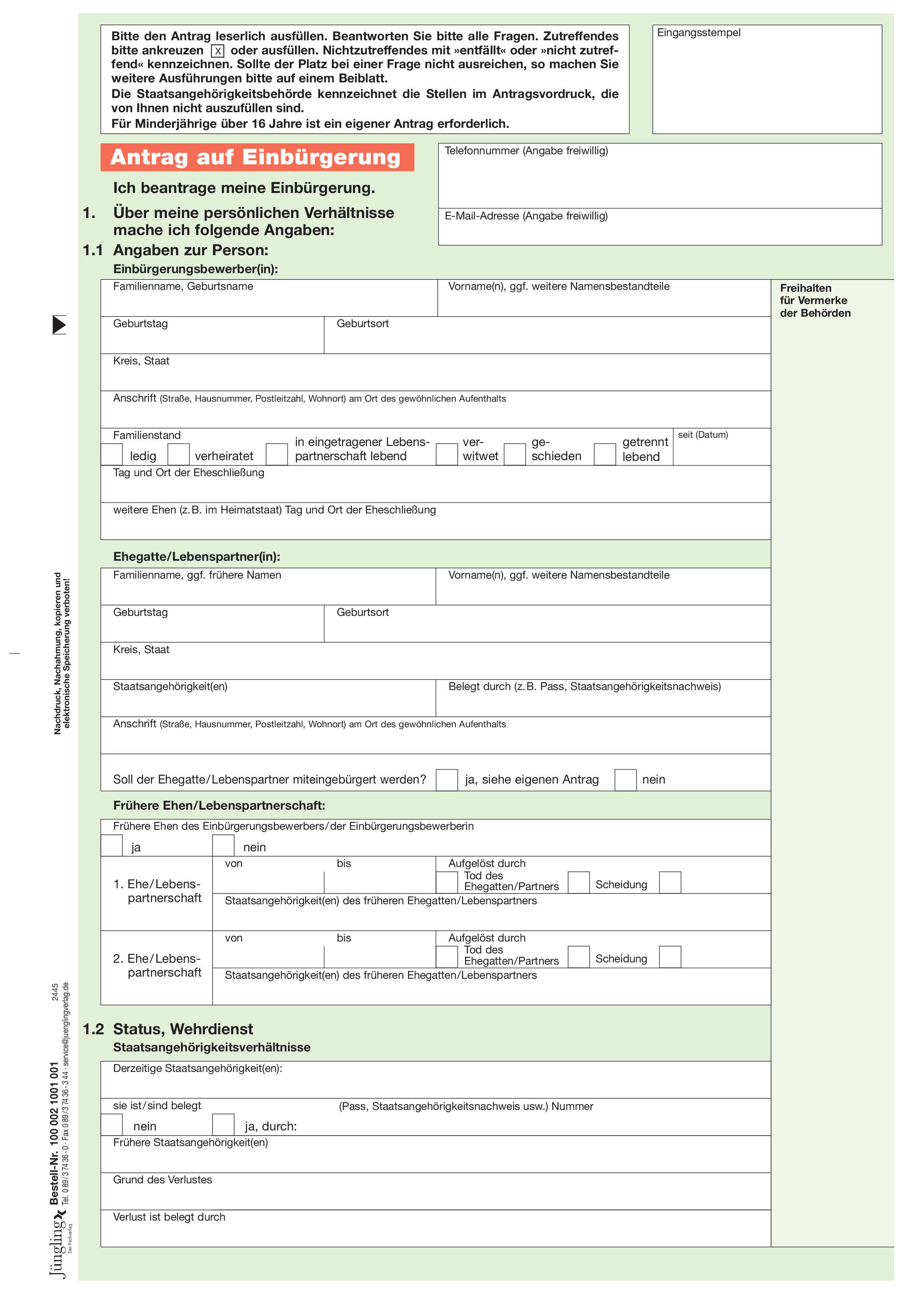 Einbürgerungsantrag Ermessenseinbürgerung, A4, 8-seitig