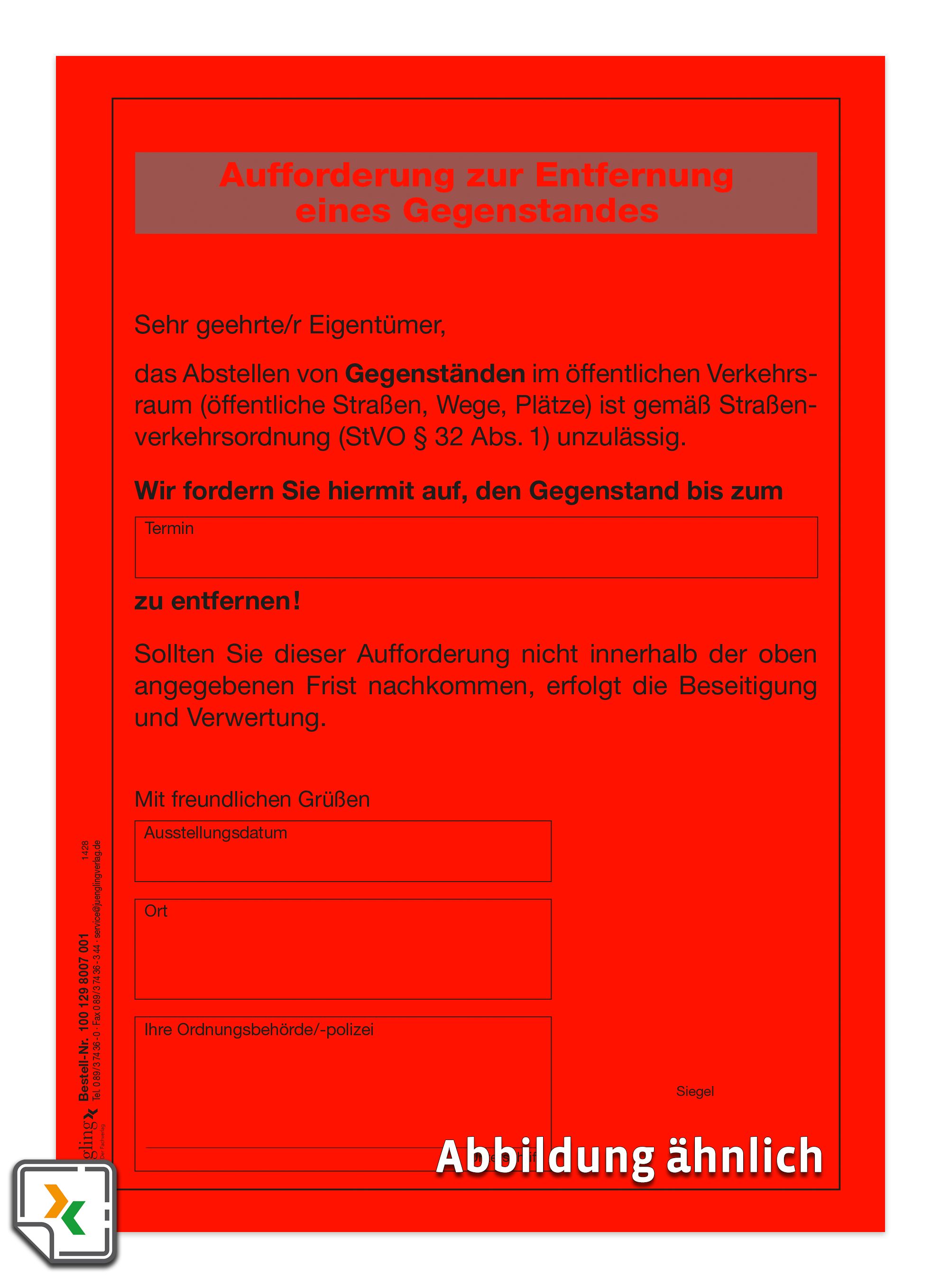 Aufkleber Aufforderung zur Entfernung eines Gegenstandes, A5, leuchtrot