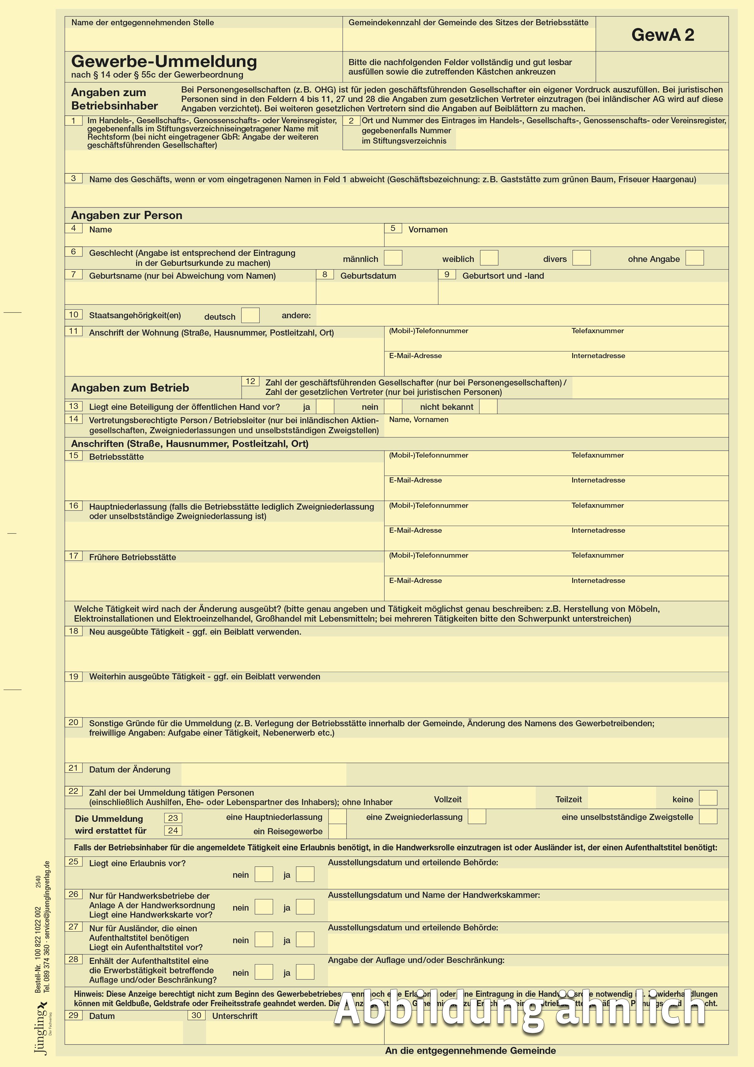 GewA 2 (Gewerbeummeldung) ab 01.11.2025,  A4, 2-fach
