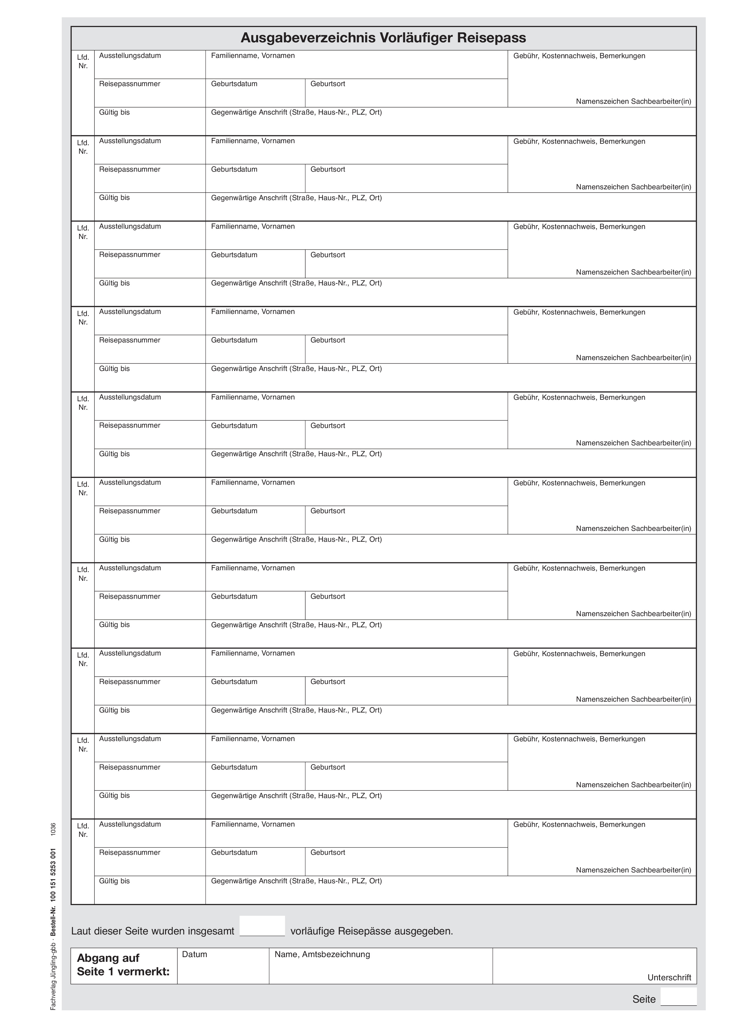 Bestands- und Ausgabeverzeichnis Vorläufiger Reisepass - Einlagebogen