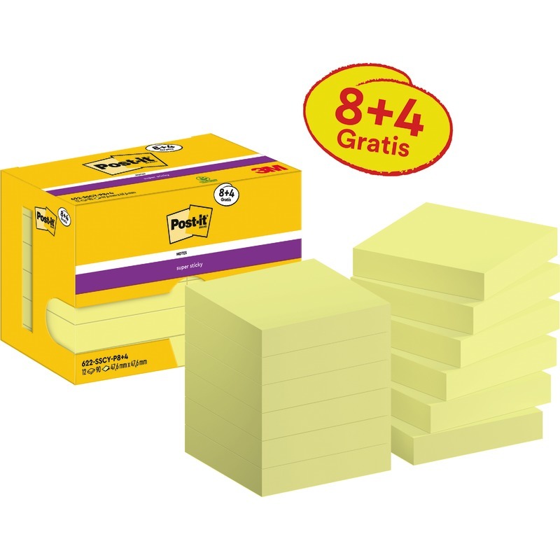 8 + 4 GRATIS! 12 Blöcke Post-it® Haftnotizen Super Sticky Notes, 48 x 48 mm, gelb