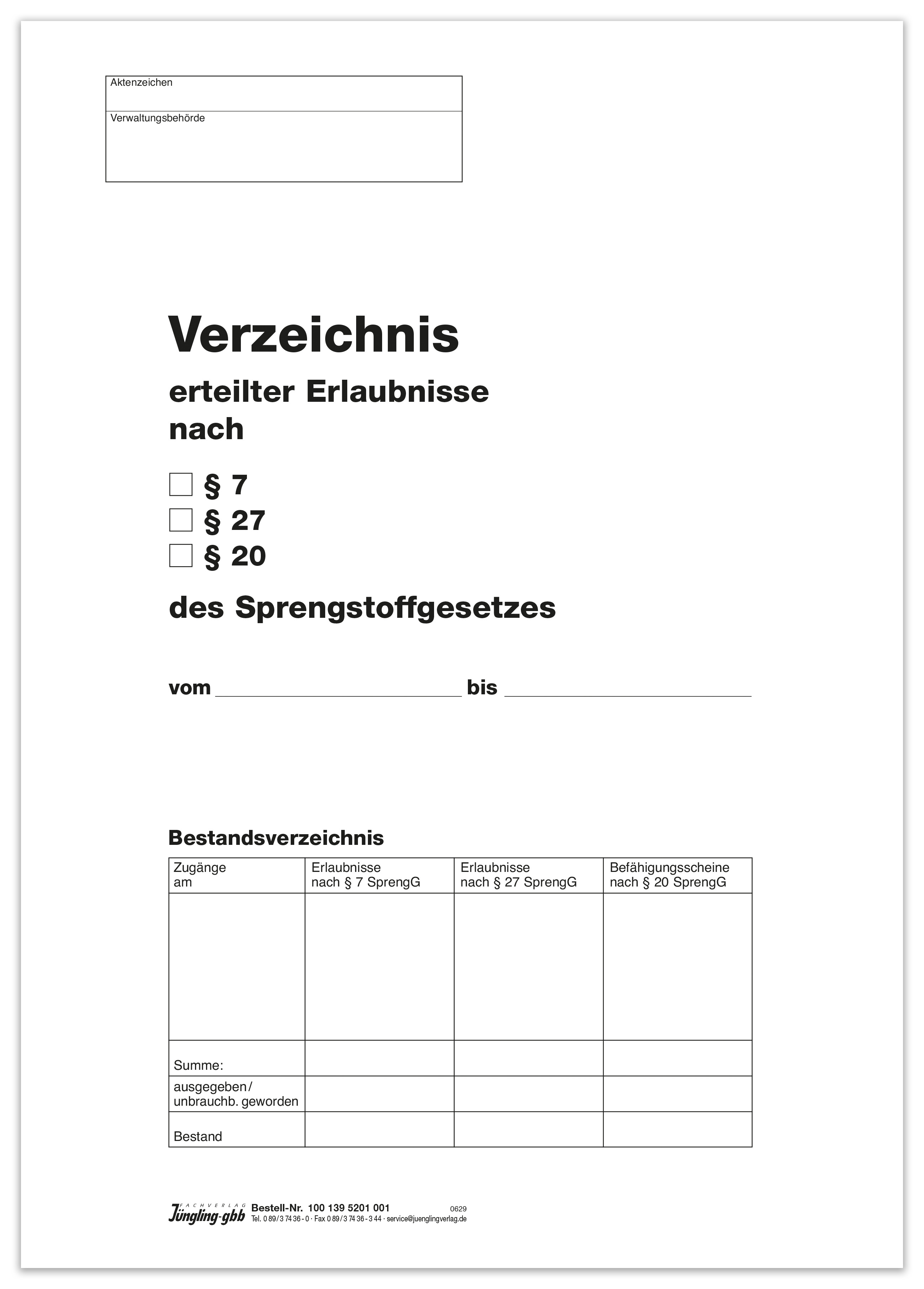 Verzeichnis sprengstoffrechtliche Erlaubnisse - Titelbogen, A4